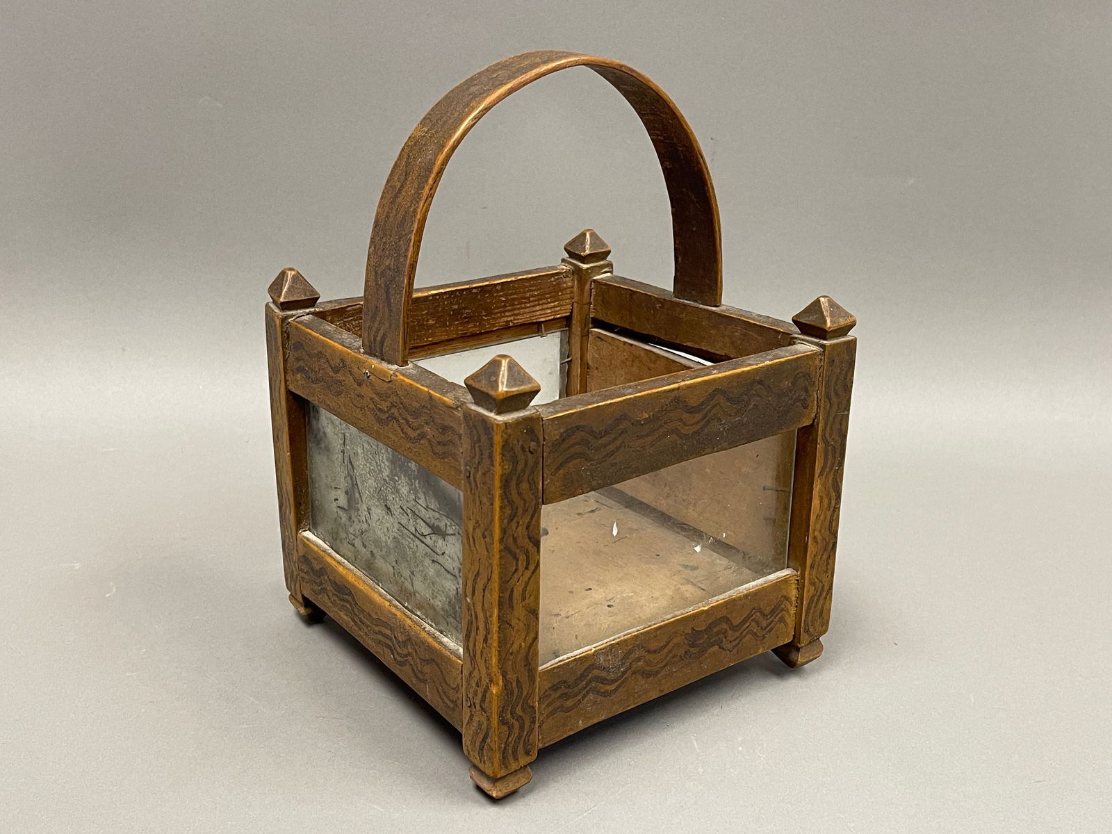 INTERESTING PAINT DECORATED HOOP HANDLED SQUARE BASKET W/ WOOD & GLASS PANELS (1 of 5)