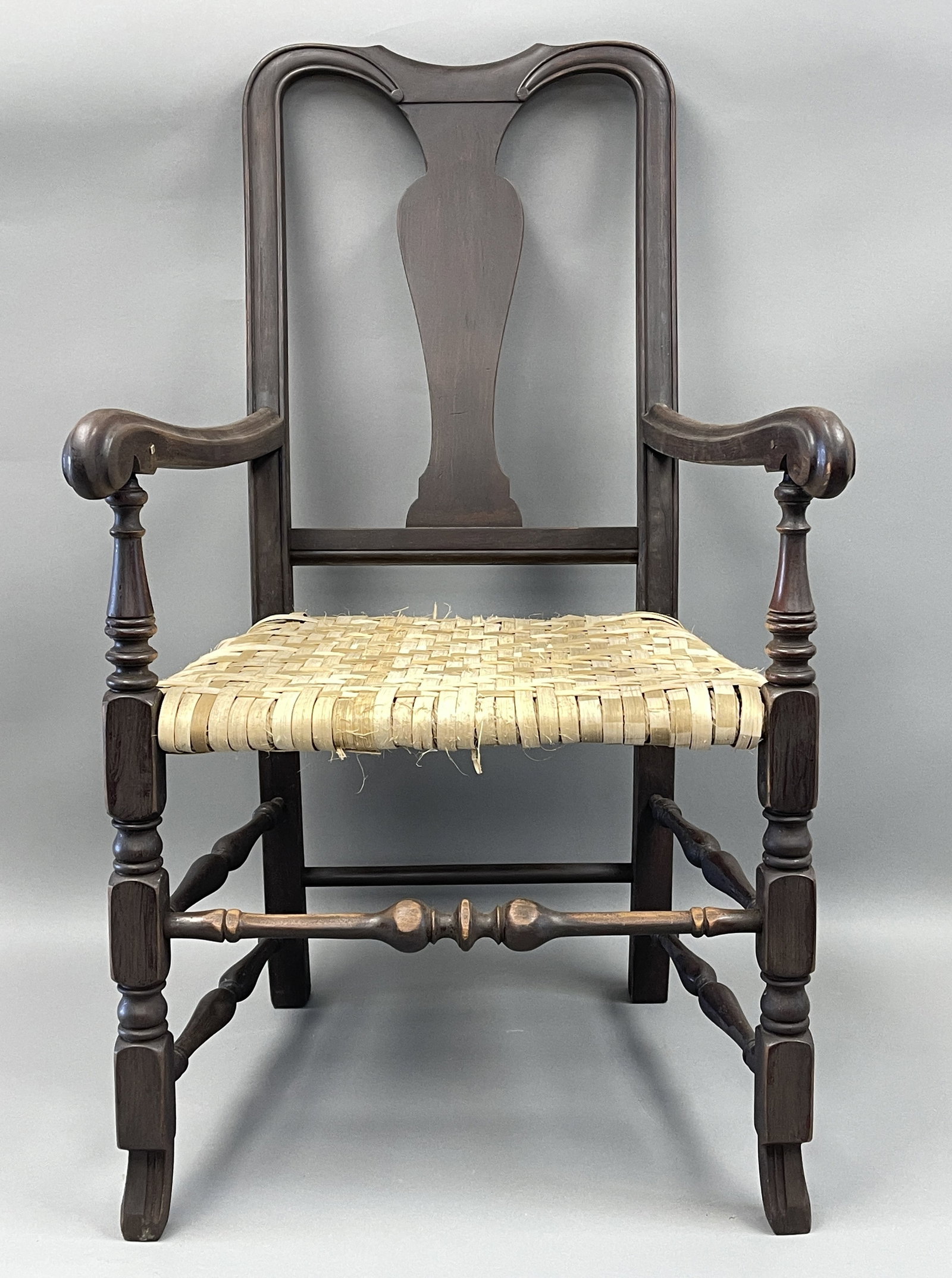 COUNTRY QUEEN ANNE ARM CHAIR WITH SPANISH FEET: COUNTRY QUEEN ANNE ARM CHAIR WITH SPANISH FEET 42" X 24" X 19" SEAT