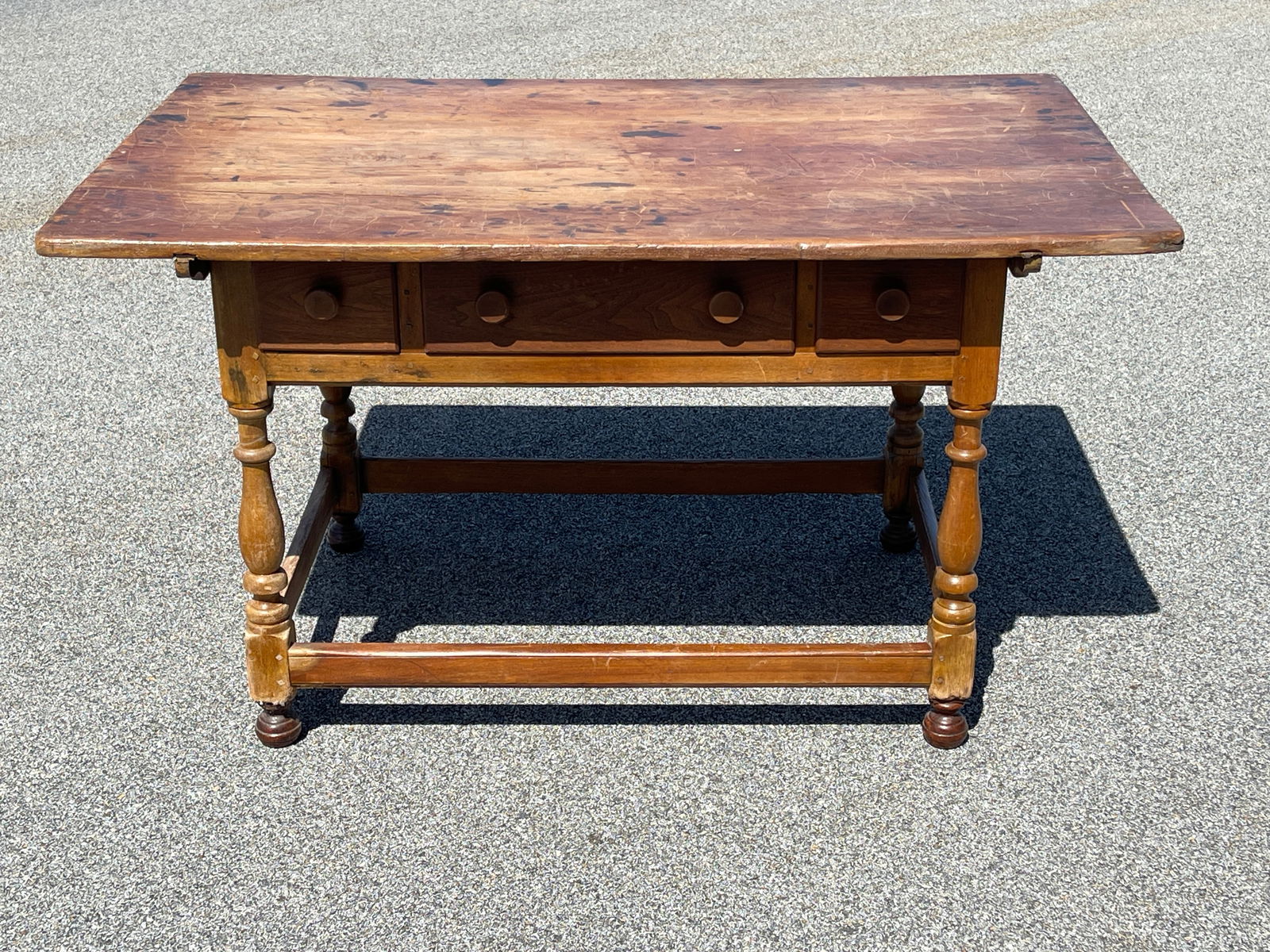 EARLY WALNUT STRETCHER BASE 3 DRAWER PIN TOP TABLE (1 of 5)