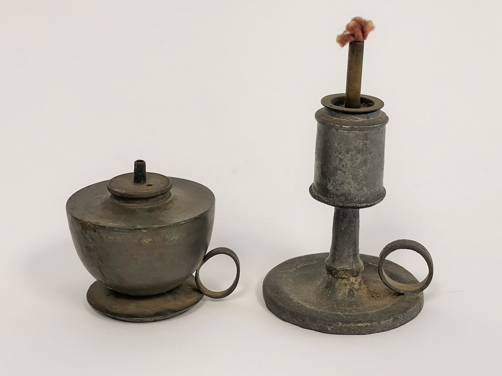 TWO MINIATURE PEWTER WHALE OIL LAMPS: TWO MINIATURE PEWTER WHALE OIL LAMPS, 2", 4"