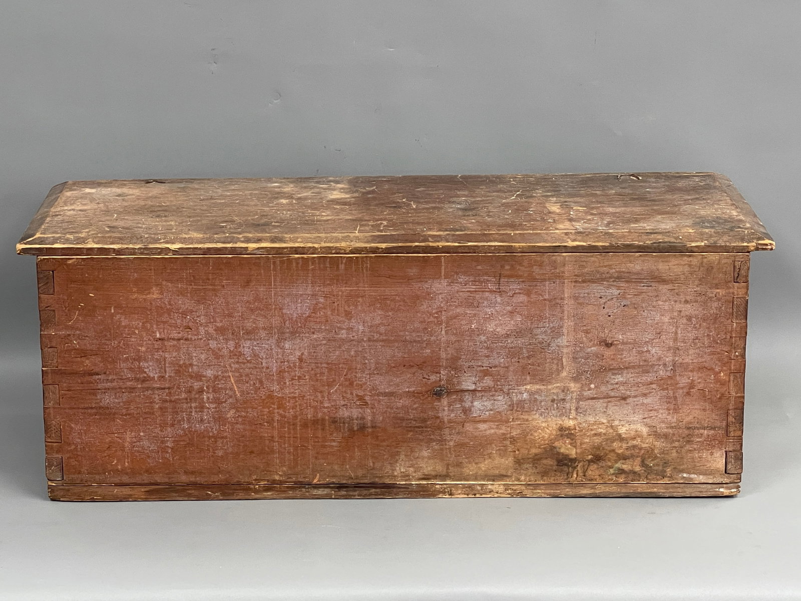 1750-1820 6-BOARD CHEST: 1750-1820 6-BOARD CHEST, DOVETAIL,SNIPE HINGES,OLD RED 45" X 14" X 14"