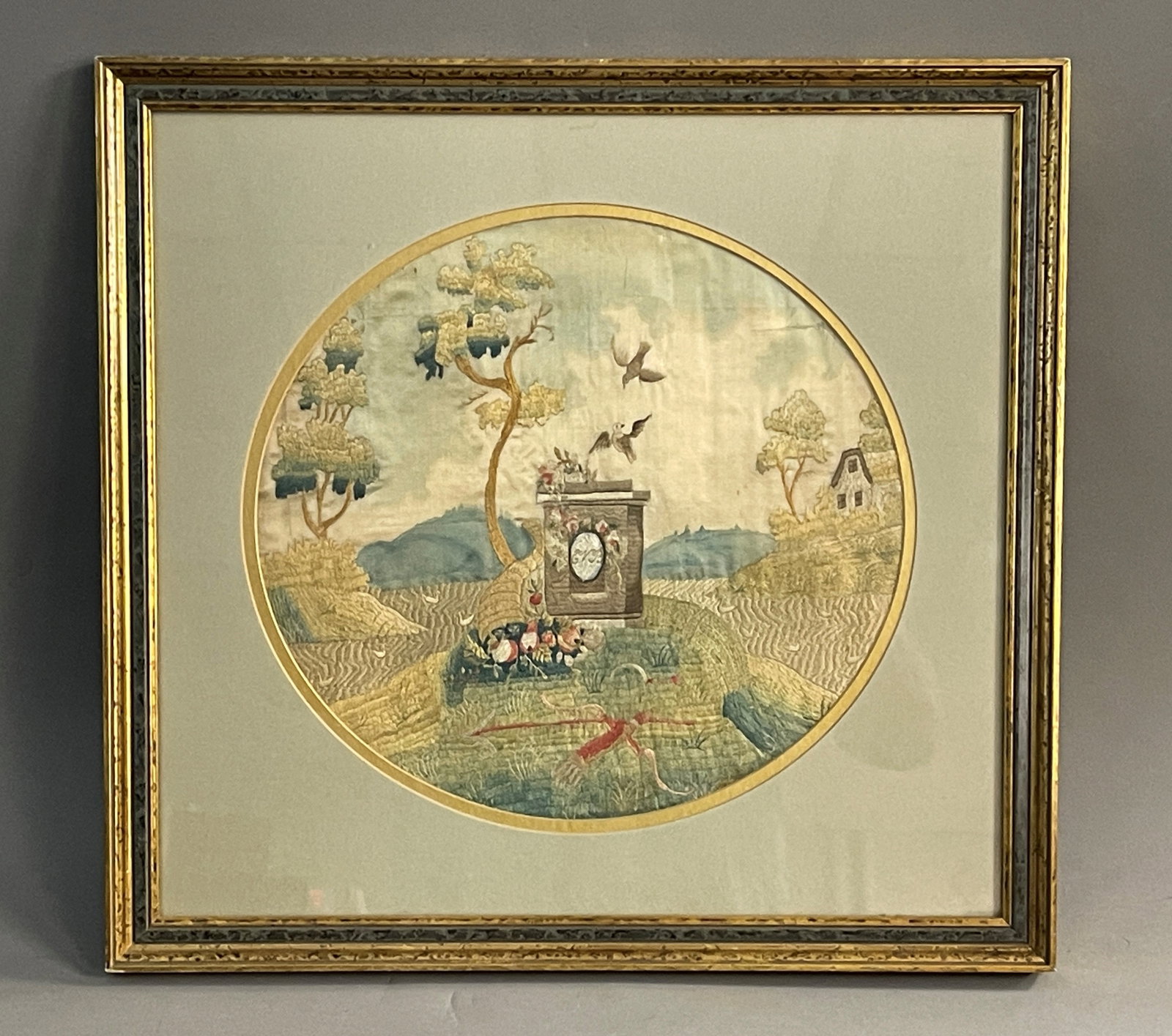 18TH C EMBROIDERY: 18TH C EMBROIDERY 18" X 18"