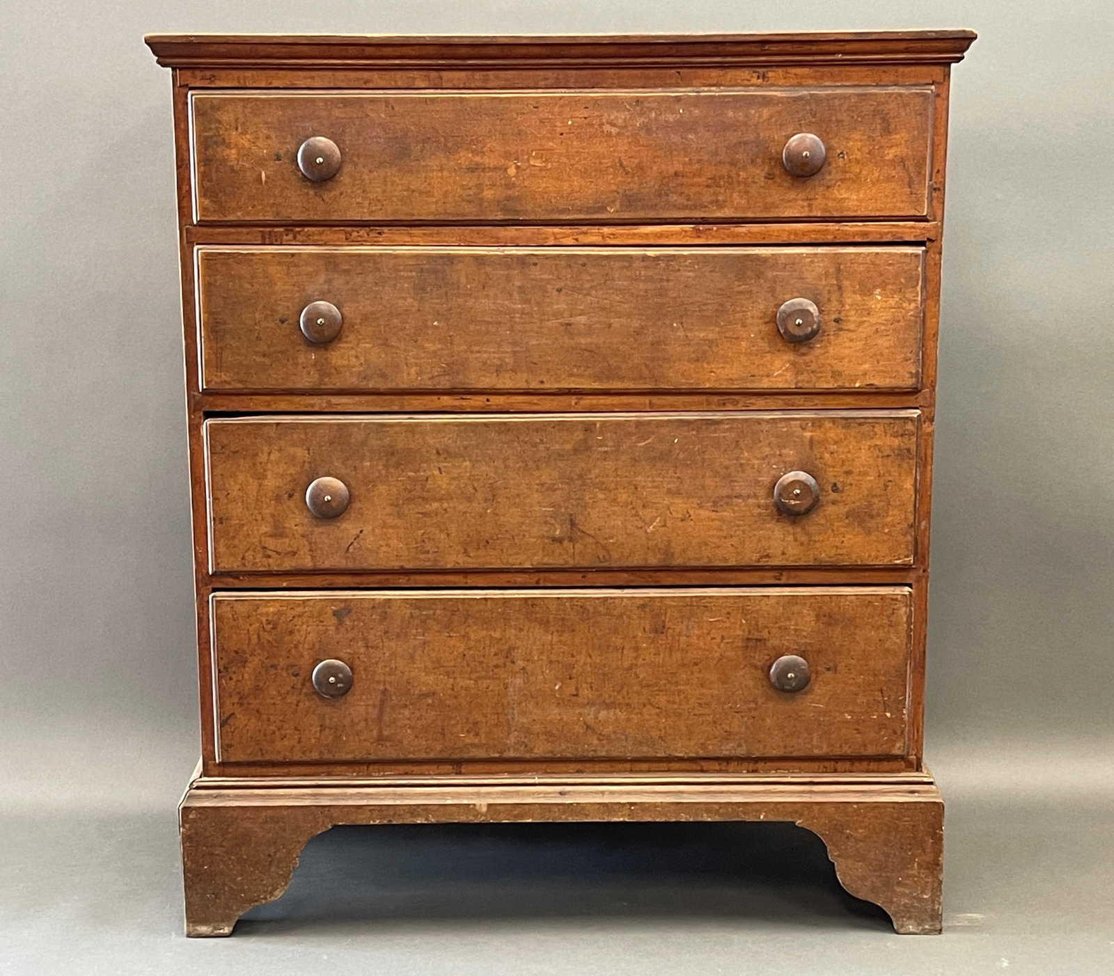 RHODE ISLAND CHIPPENDALE CHEST: RHODE ISLAND CHIPPENDALE CHEST IN OLD SURFACE 4 DRAWER CHEST IN OLD SURFACE , TALL BRACKET BASE, C. 1740 -1760 35" x 16" x 44"