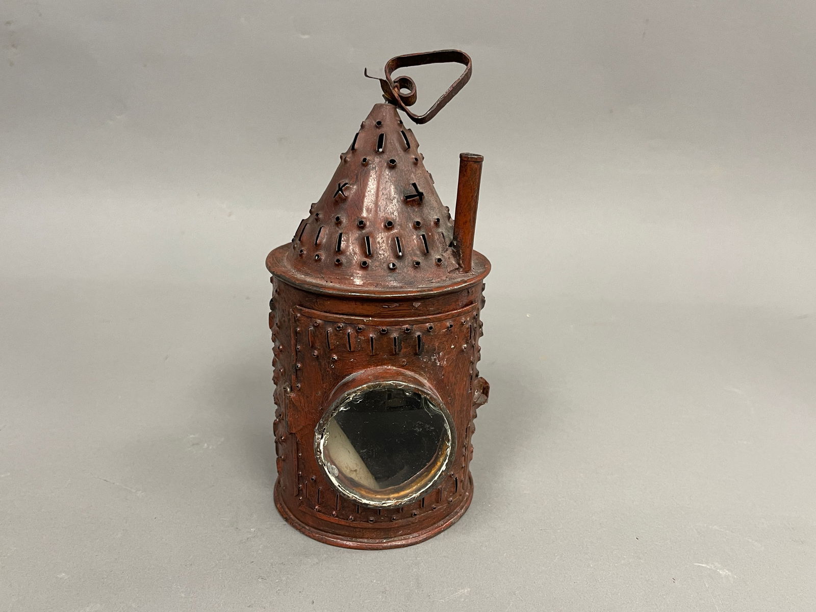 A EARLY PUNCHED TIN CANDLE LANTERN IN OLD RED PAINT (1 of 4)