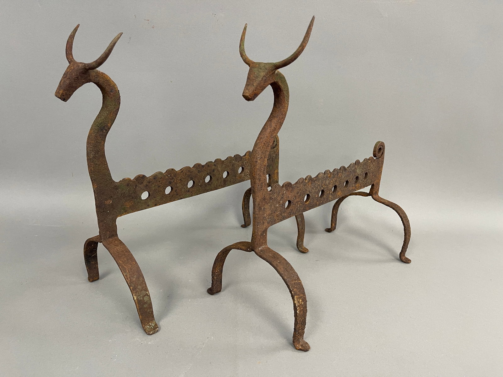 PAIR OF VERY EARLY BLACKSMITH MADE 19TH C SPIT RACK ANDIRONS W/ LONGHORN STEER FINIALS (1 of 3)