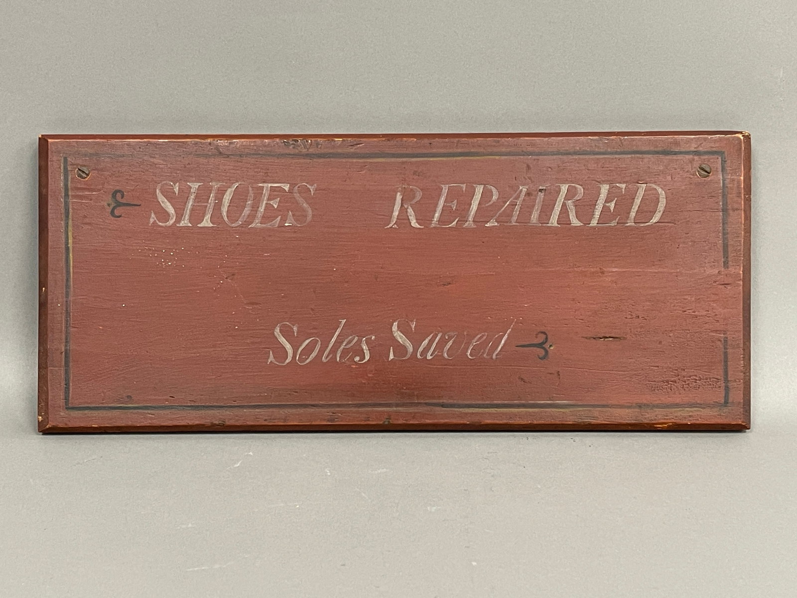 PAINTED SHOES REPAIRED SIGN: PAINTED SHOES REPAIRED SIGN 18" X 8"