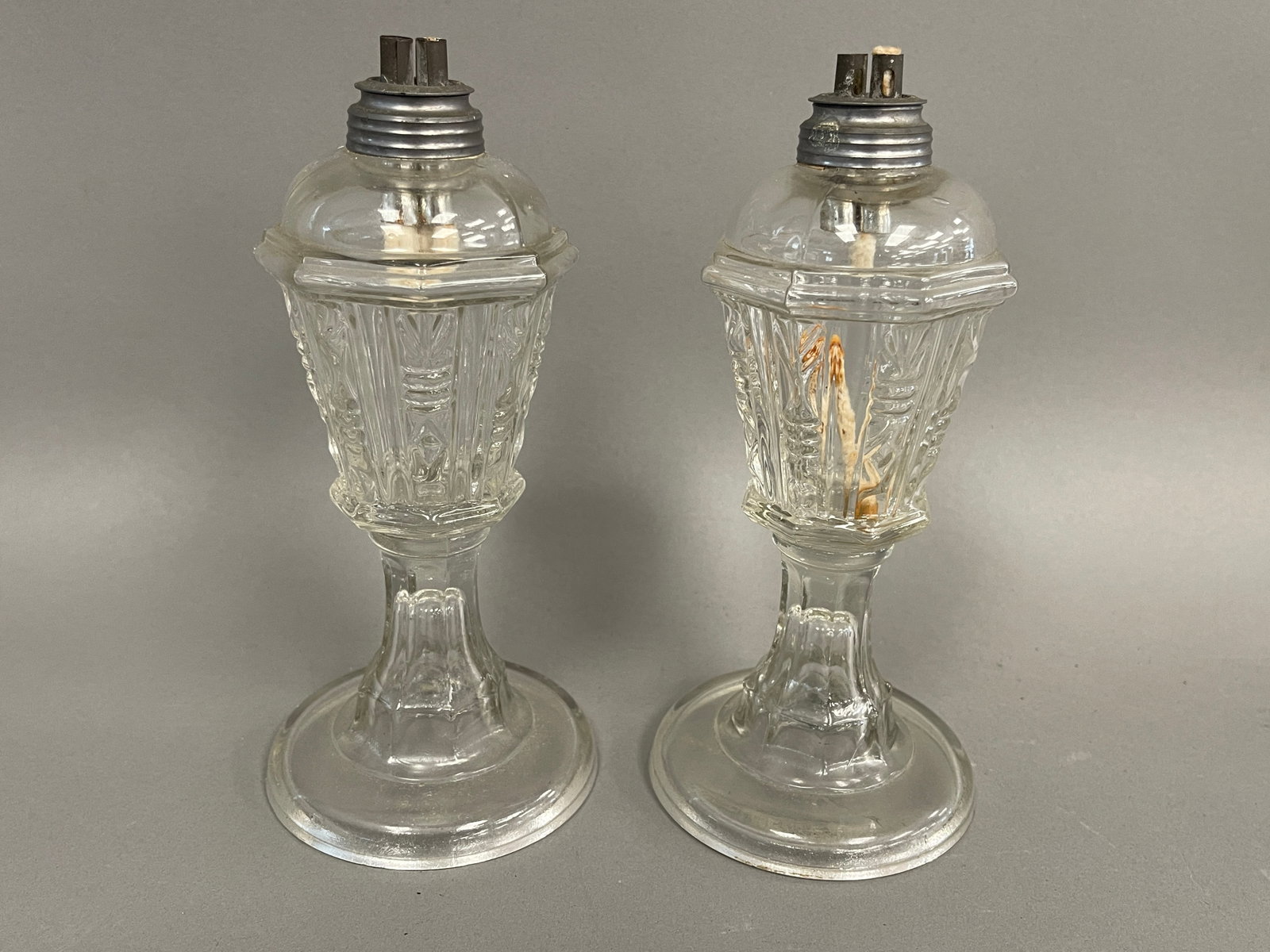 PAIR OF WHALE OIL LAMPS: PAIR OF WHALE OIL LAMPS 8"