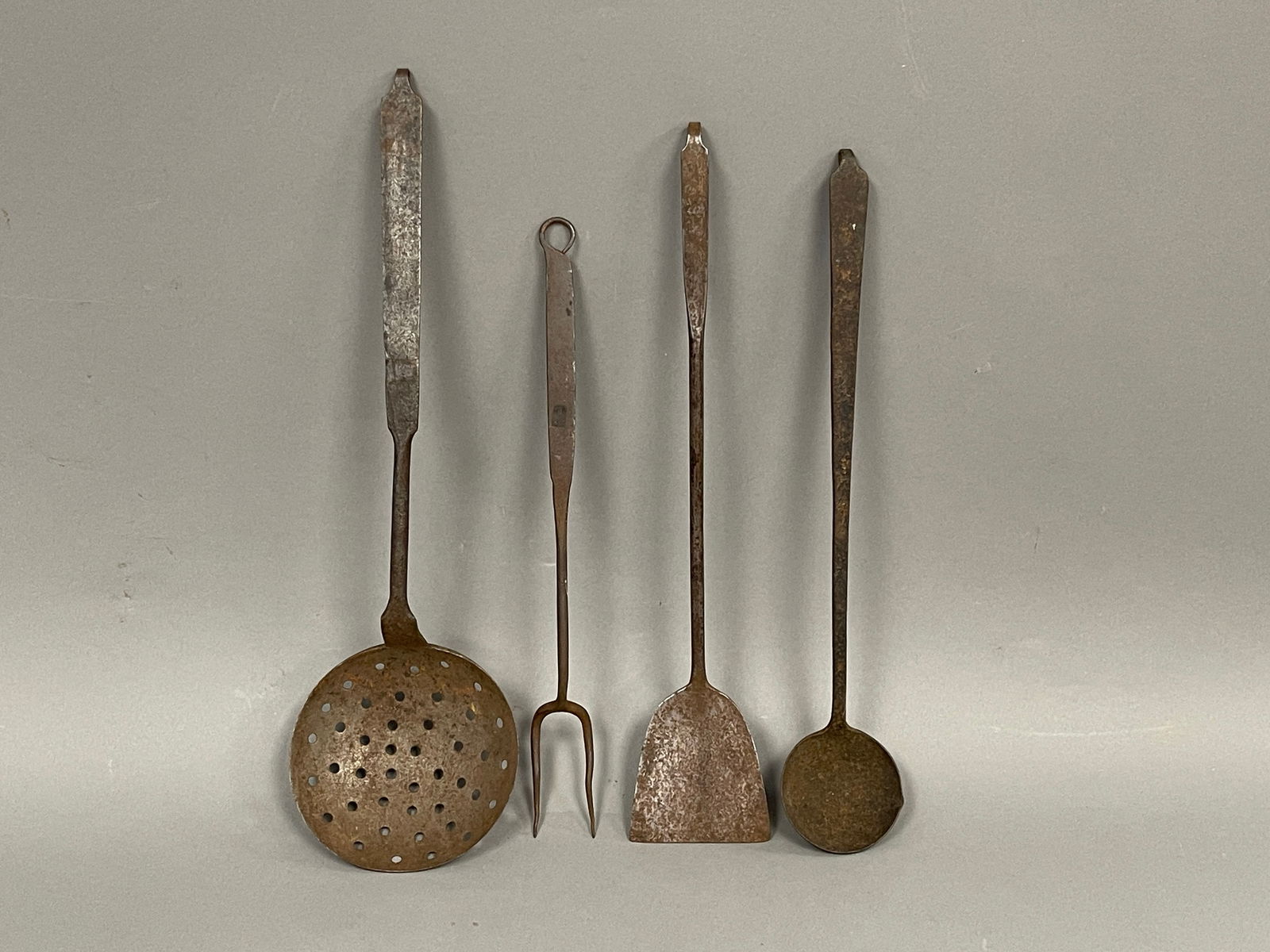 4 WROUGHT IRON COOKING UTENSILS 19TH C. LARGEST 19" (1 of 2)