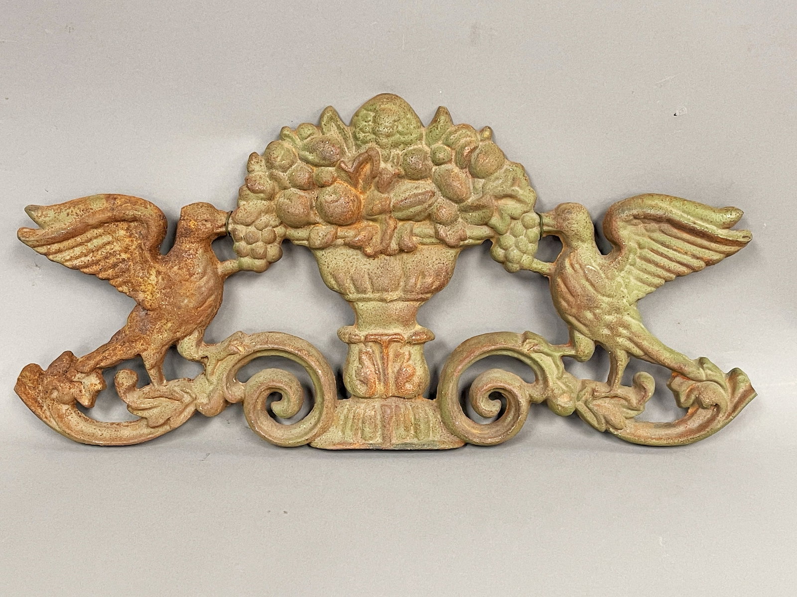 CAST IRON BUILDING DECORATION WITH BIRDS AND FRUITS: CAST IRON BUILDING DECORATION WITH BIRDS AND FRUITS 23" X 11"