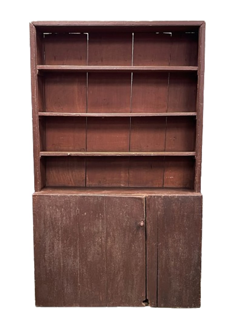 EARLY PRIMITIVE COUNTRY RED STEP CUPBOARD (1 of 7)