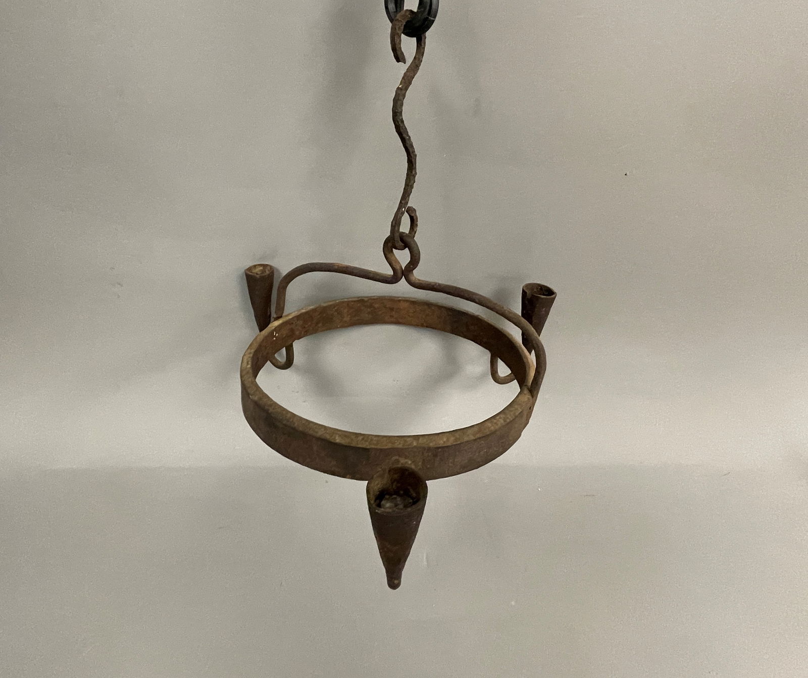 EARLY 18TH C HANGING WROUGHT IRON CANDLE CHANDELIER (1 of 5)