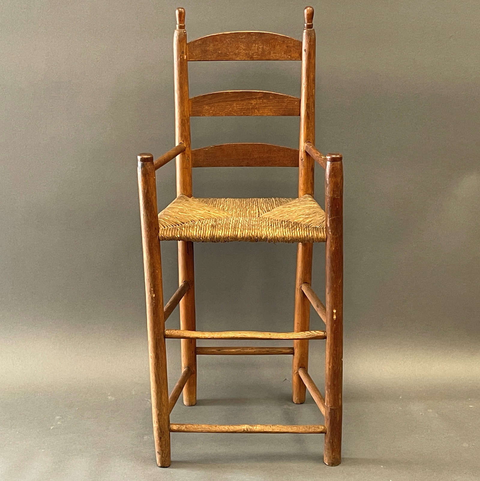 WILLIAM AND MARY PERIOD CHILDS 3 SLATE HIGHCHAIR: WILLIAM AND MARY PERIOD CHILDS 3 SLAT HIGHCHAIR IN OLD COLOR C.1730 16" X 37" X 22' S