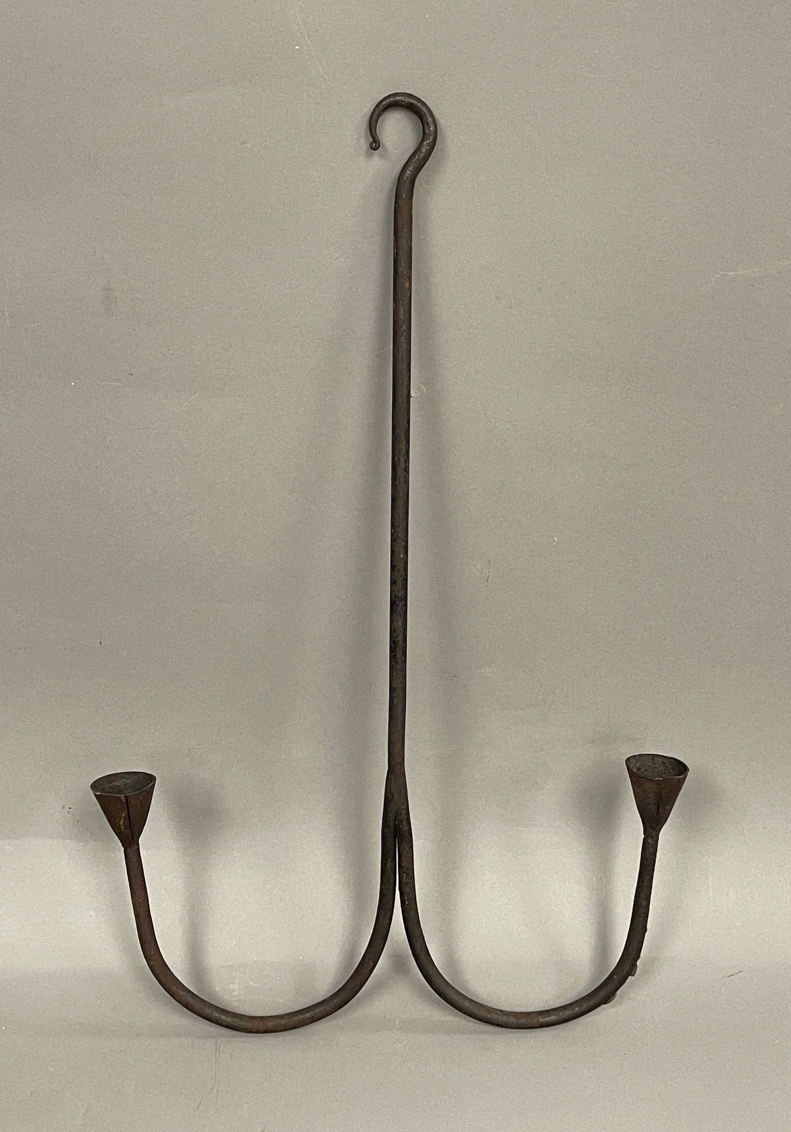 18TH C WROUGHT IRON HANGING TWO CANDLE CHANDELIER (1 of 2)