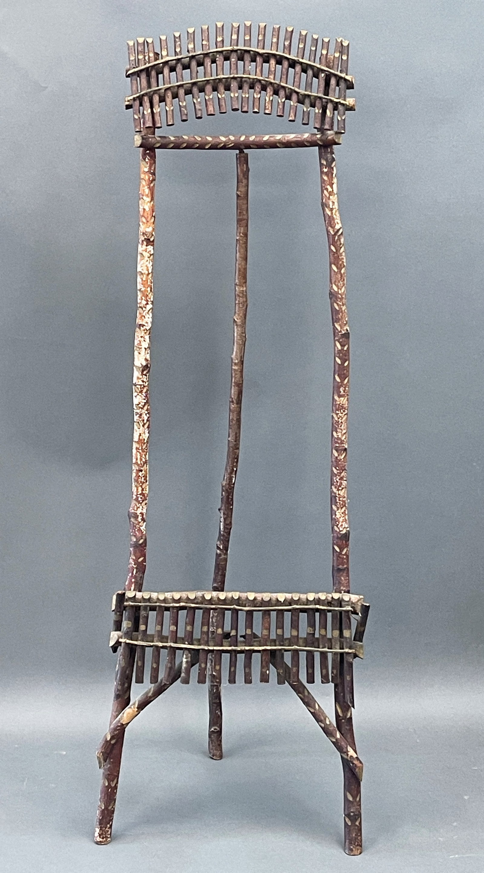 FOLK ART ADIRONDACK BIRCH EASEL: FOLK ART DECORATED ADIRONDACK BIRCH WOOD TWIG EASEL 59 X 18