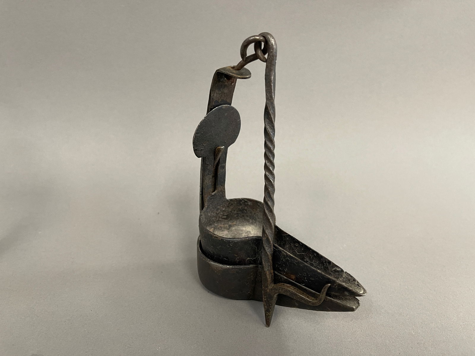 EARLY PA DOUBLE CRUISE BETTY LAMP W/ FORGED IRON SPONTOON TYPE HANGER (1 of 3)