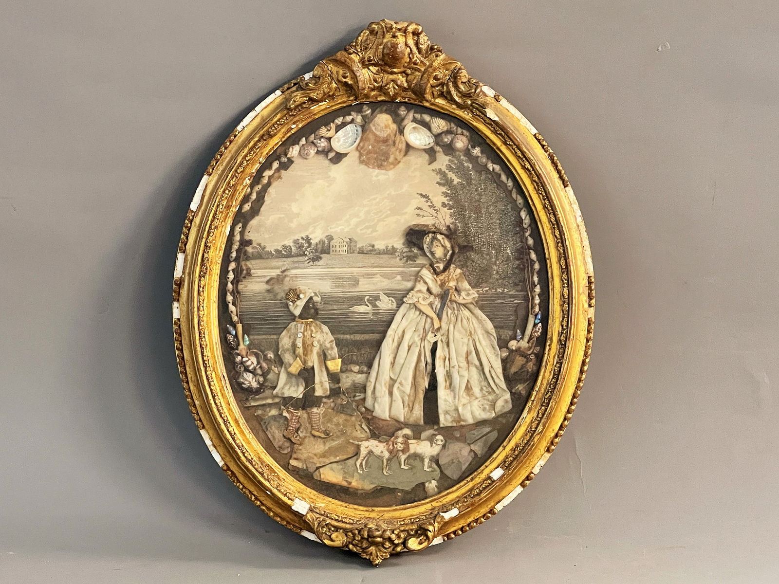 19TH C FABRIC PORTRAIT OF A SOUTHERN WOMAN A CHILD SERVANT WITH DOGS (1 of 6)