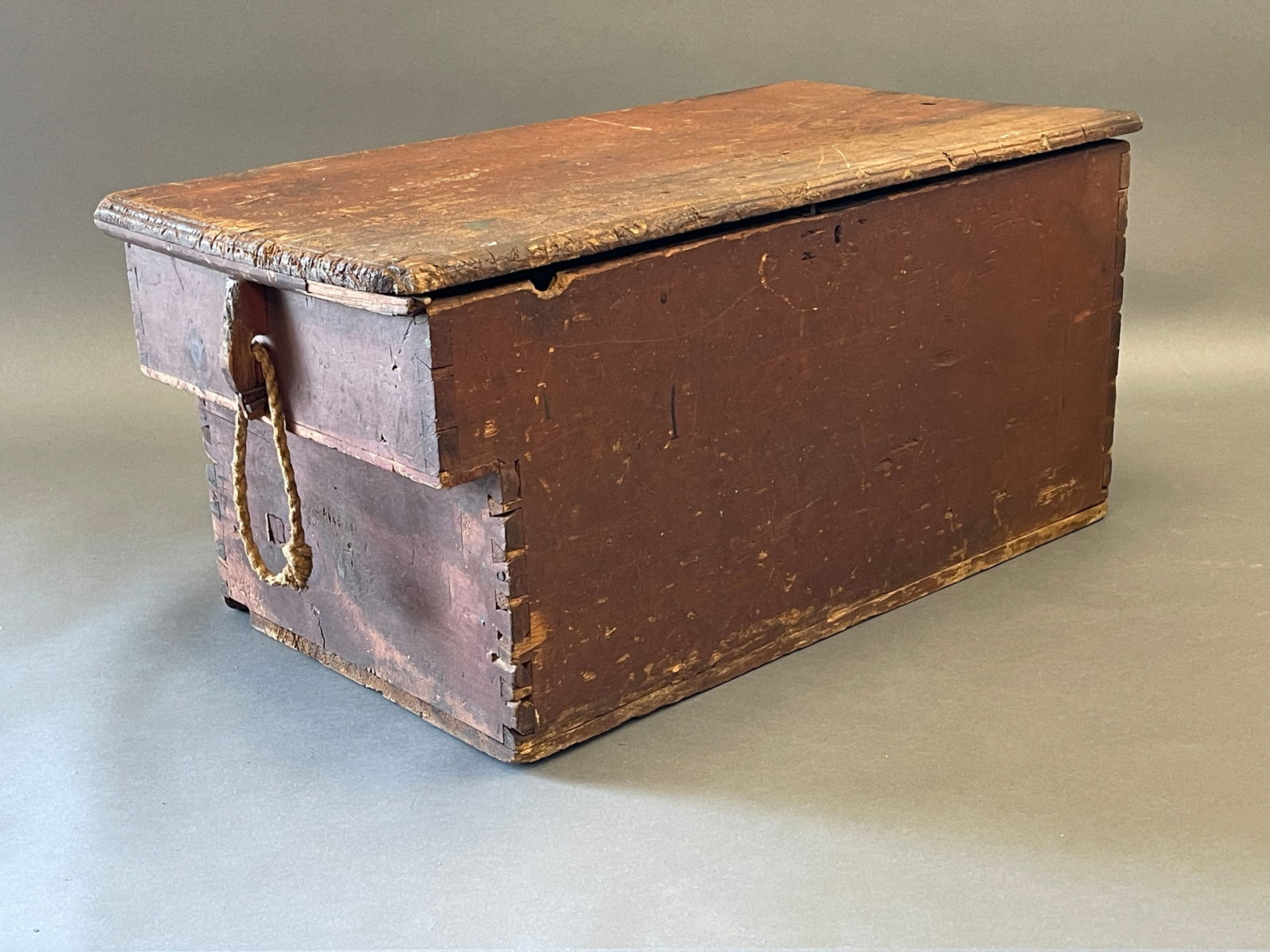 18TH C SEA TRUNK IN ORIGINAL RED PAINT WITH A STEPPED END (1 of 5)