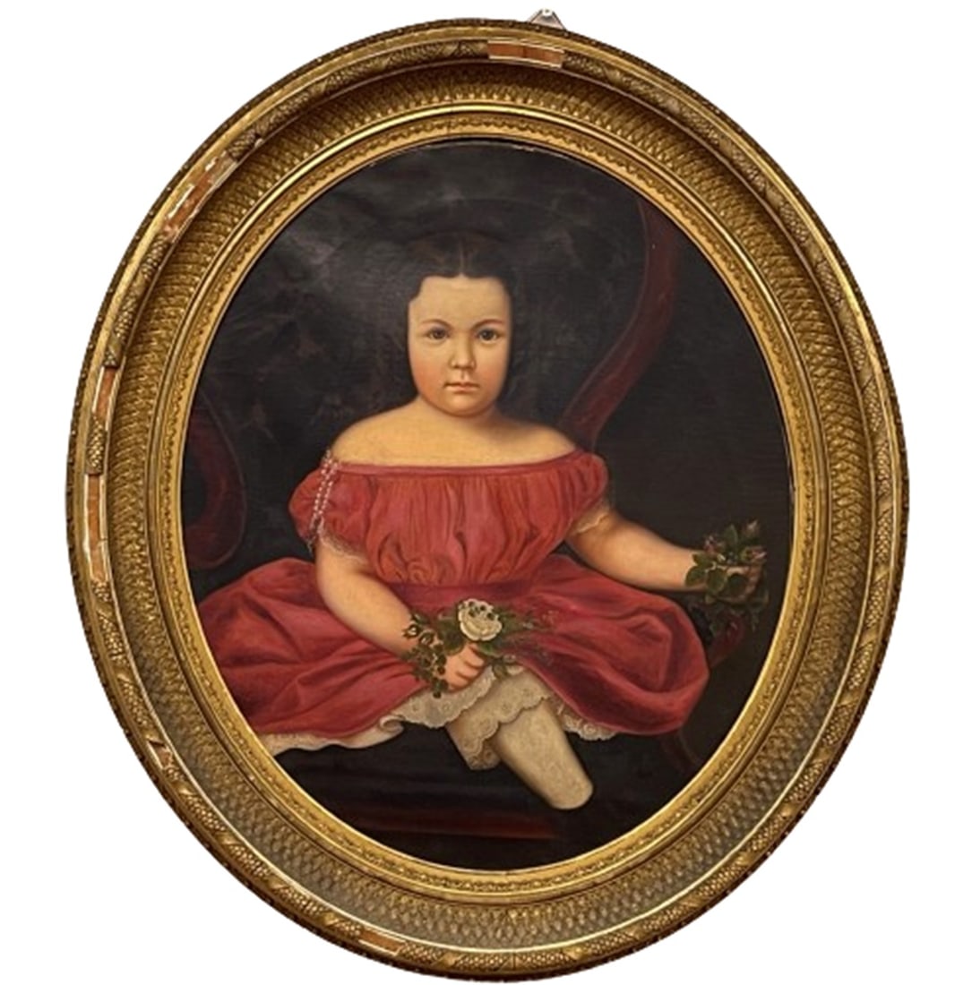LARGE EARLY 19TH C PORTRAIT OF A GIRL HOLDING FLOWERS (1 of 5)