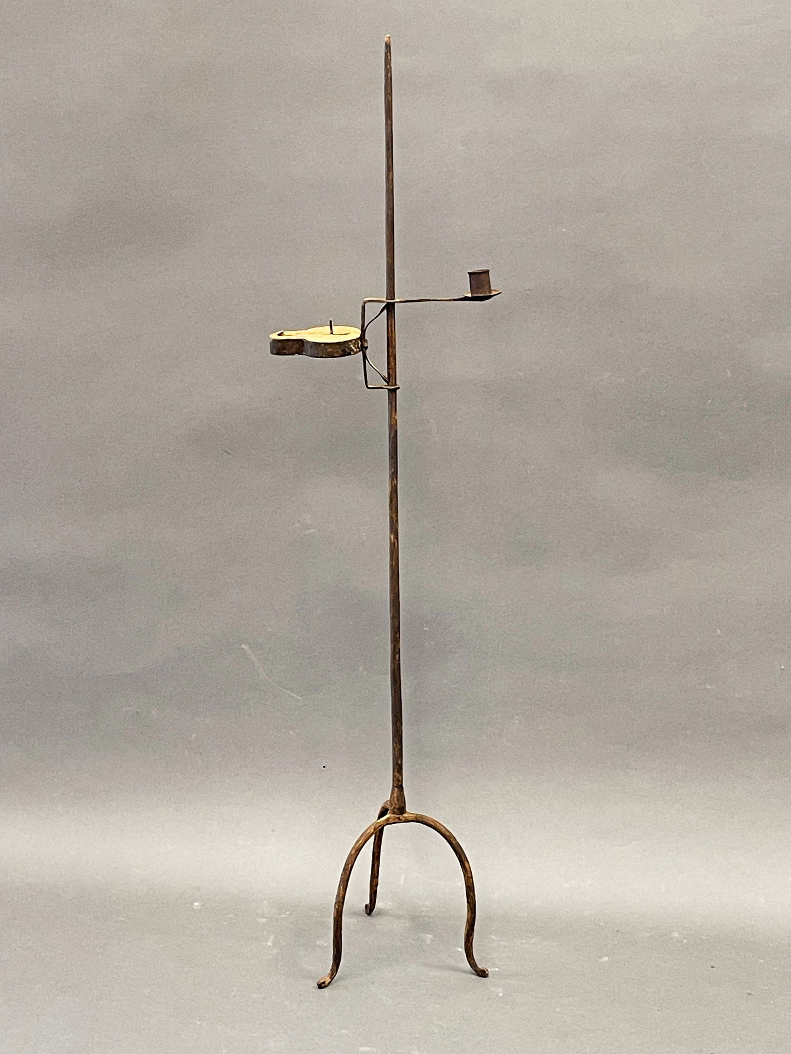 18TH C FORGED IRON FLOOR STANDING CANDLE STANDARD - BETTY LAMP USED IN A PENNSYLVANIA SMOKE HOUSE (1 of 3)