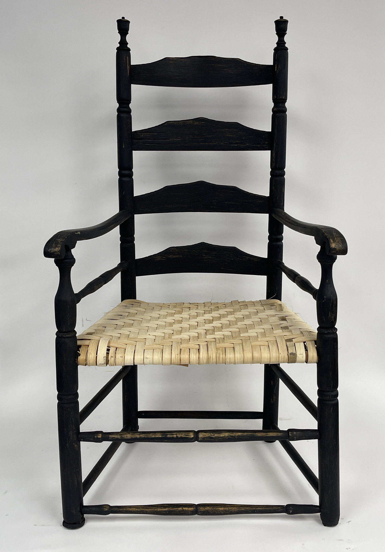 EXCEPTIONAL FOUR SLAT ARMCHAIR: EXCEPTIONAL FOUR SLAT ARMCHAIR WITH TURNED UNDER ARM SUPPORTS, CONNECTICUT 1690-1740, REPLACED SPRINT SEAT, 46 X 23 X 16.5 SEAT