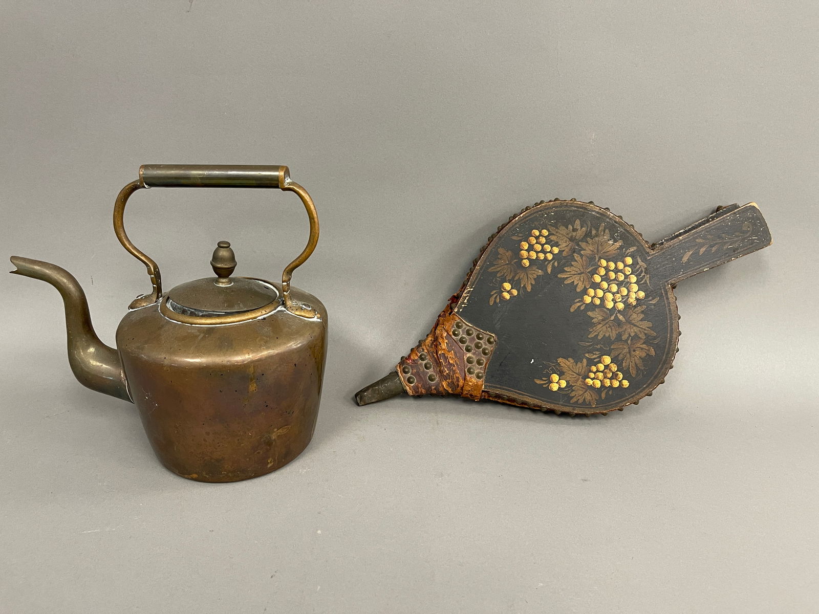 PAINTED BELLOWS, DOVETAILED M COPPER TEA POT (1 of 3)