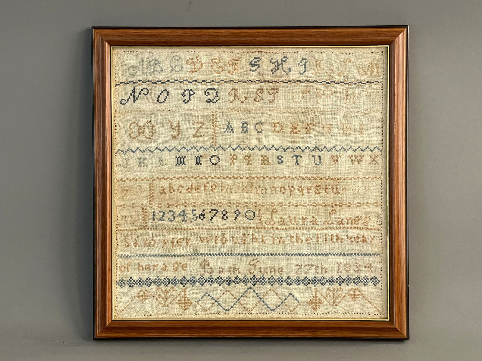 19TH C. NEEDLEWORK SAMPLER LAURA LANES: 19TH C. NEEDLEWORK SAMPLER LAURA LANES BATH JUNE 27, 1834 , 12"X 12"