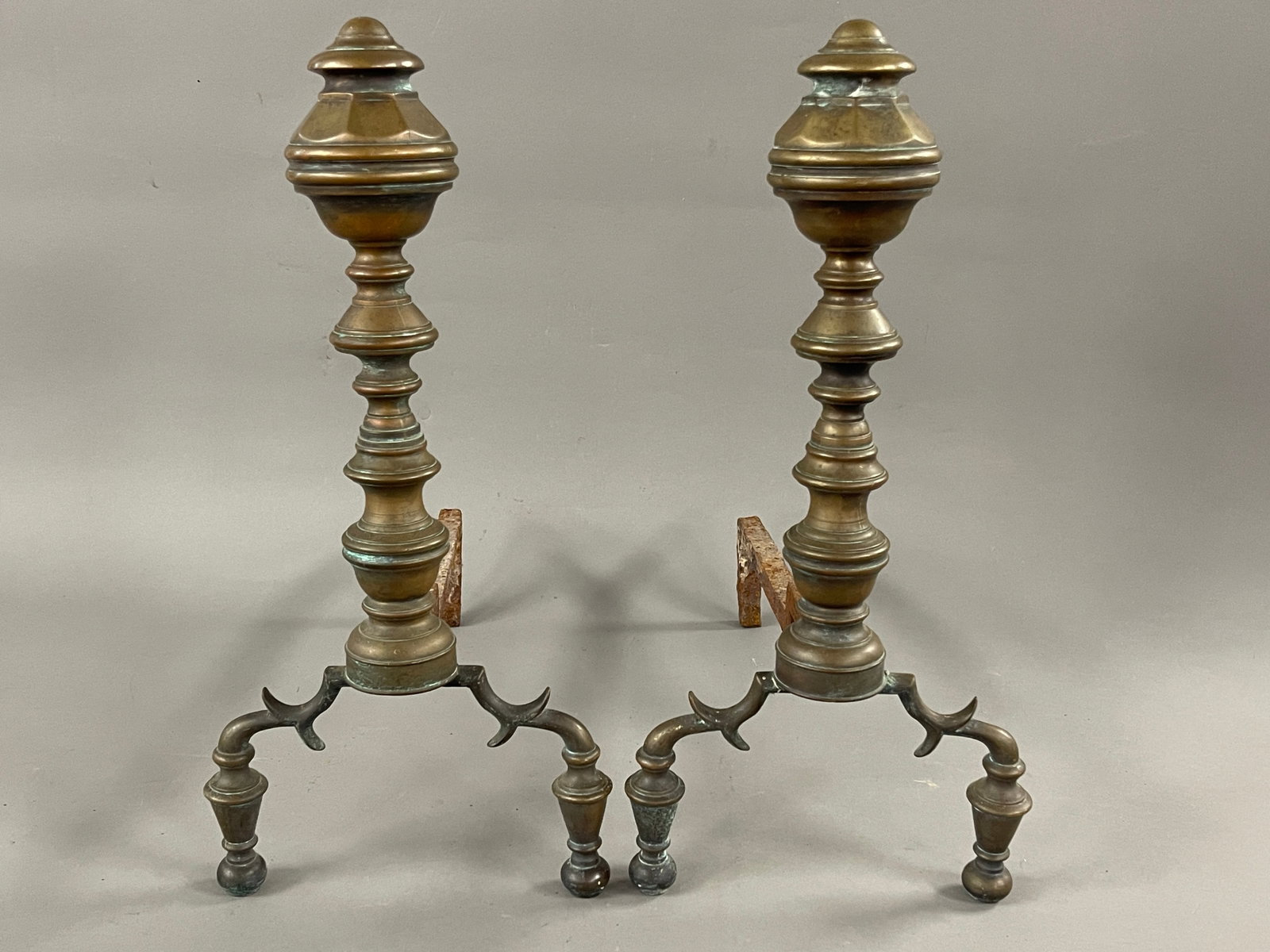 PAIR 18TH C AND IRONS: PAIR 18TH C AND IRONS 17" X 20"