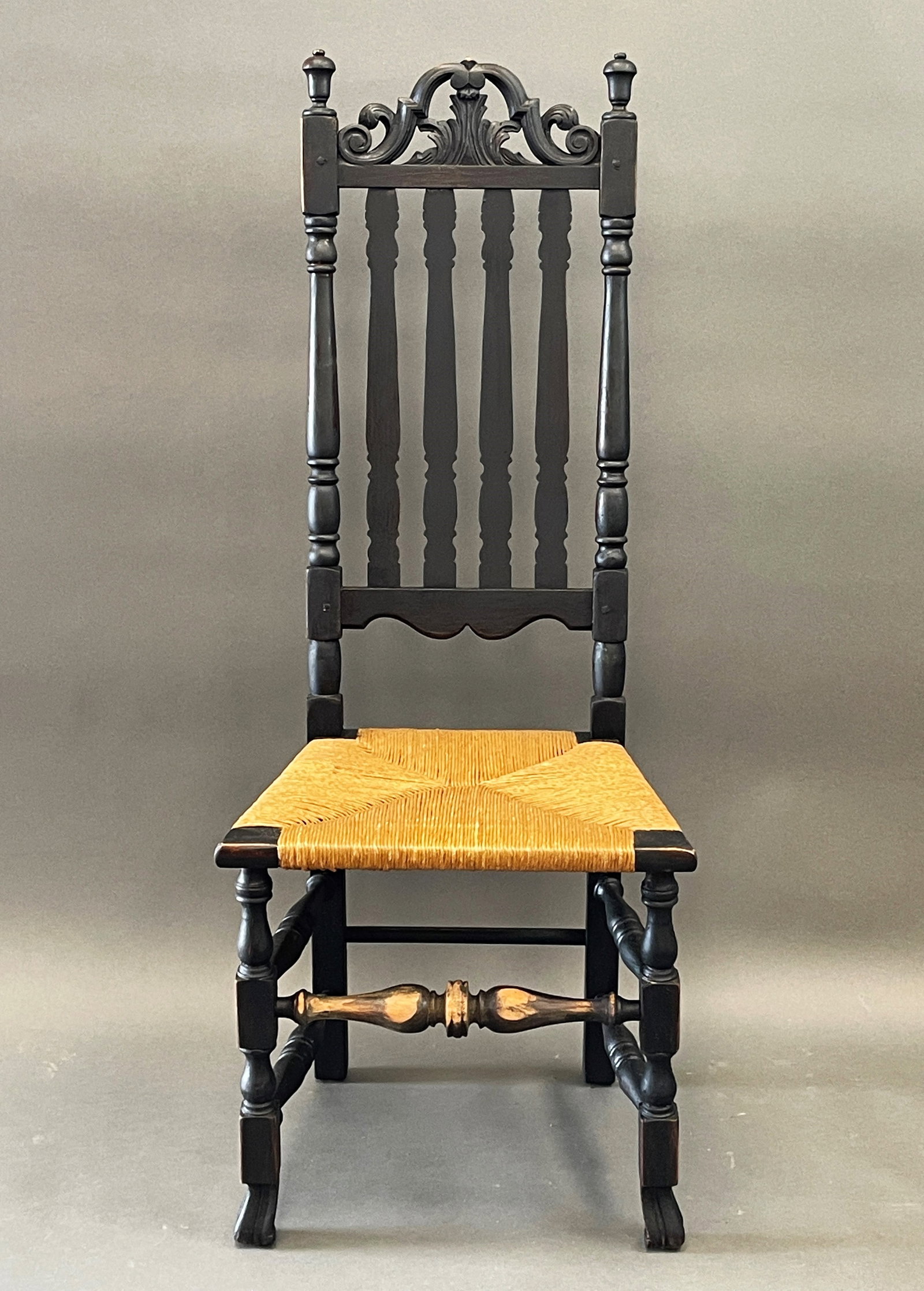 BANISTER BACK SIDE CHAIR WITH CARVED CREST: BANISTER BACK SIDE CHAIR WITH CARVED CREST SPANISH FEET , EASTERN MASSACHUSETTS 16" X 17" X 29"