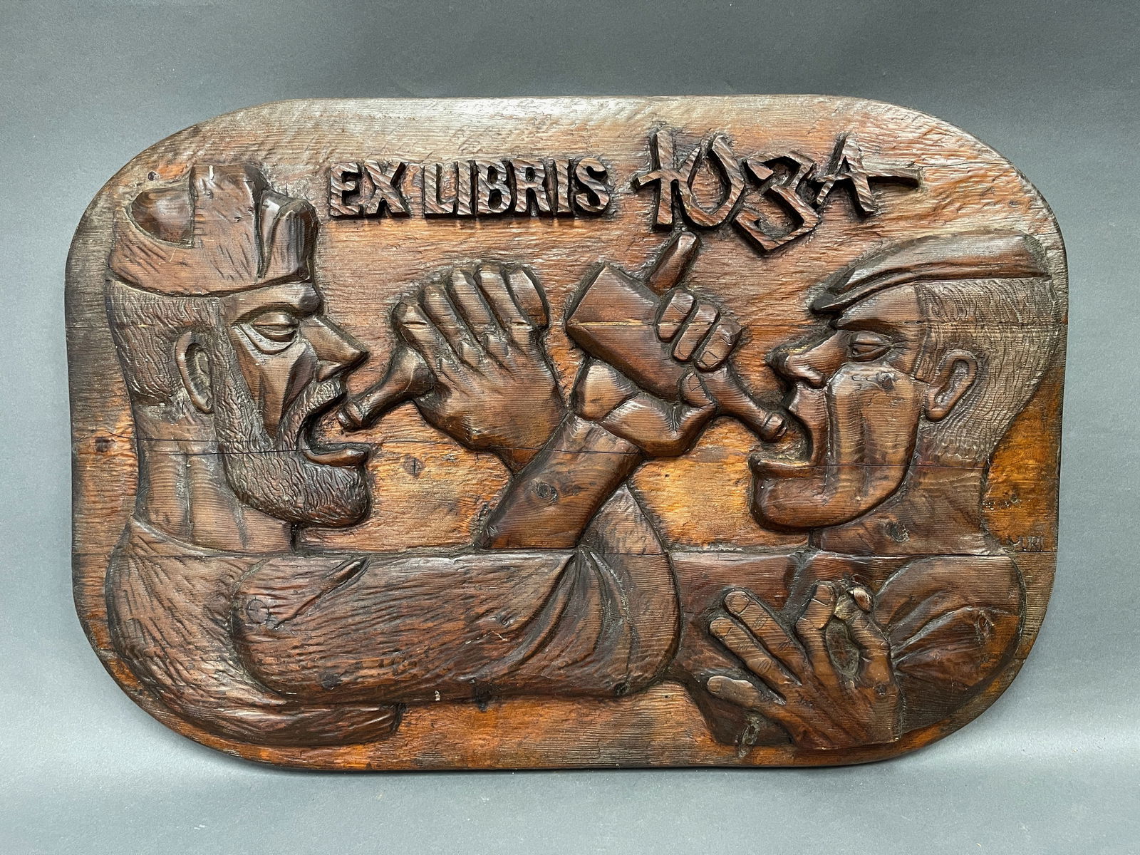 FOLK ART CARVED BOARD OF DRINKING MEN EX LIBRIS TO 3A (1 of 2)