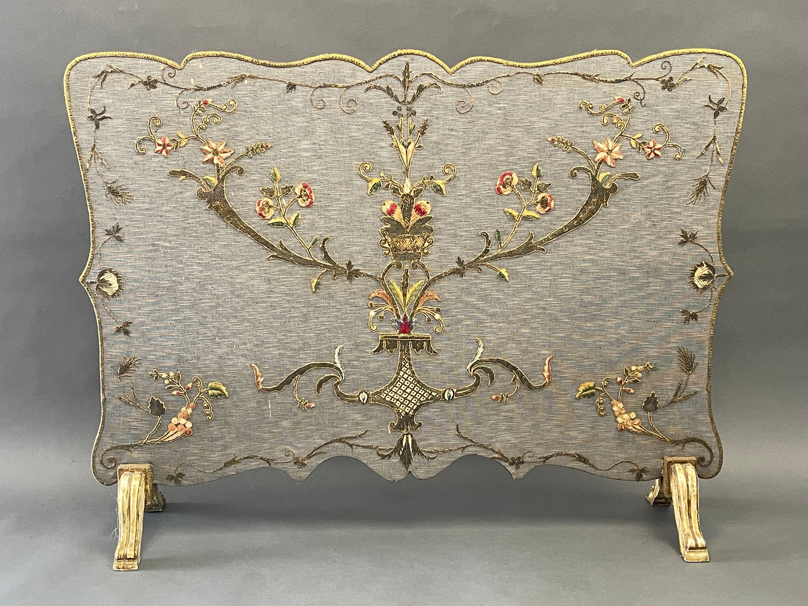 RARE 18TH C NEEDWORK FIRESCREEN ON STAND: RARE 18TH C NEEDWORK FIRESCREEN ON STAND GREAT BLUE BACKGROUND C. 1780 51" X 39"