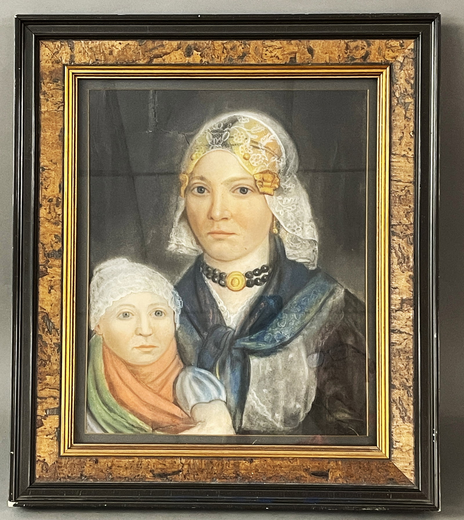 A 19TH C FOLK ART PORTRAIT PASTEL OF MOTHER AND CHILD C.1830: A 19TH C FOLK ART PORTRAIT PASTEL OF MOTHER AND CHILD C.1830 20" X 23"