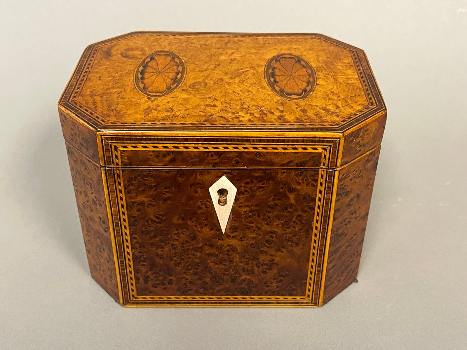 19TH C CANTED CORNER TEA CADDY IN BURLWOOD: 19TH C CANTED CORNER TEA CADDY IN BURLWOOD 6" X 4.5" X 4.5"