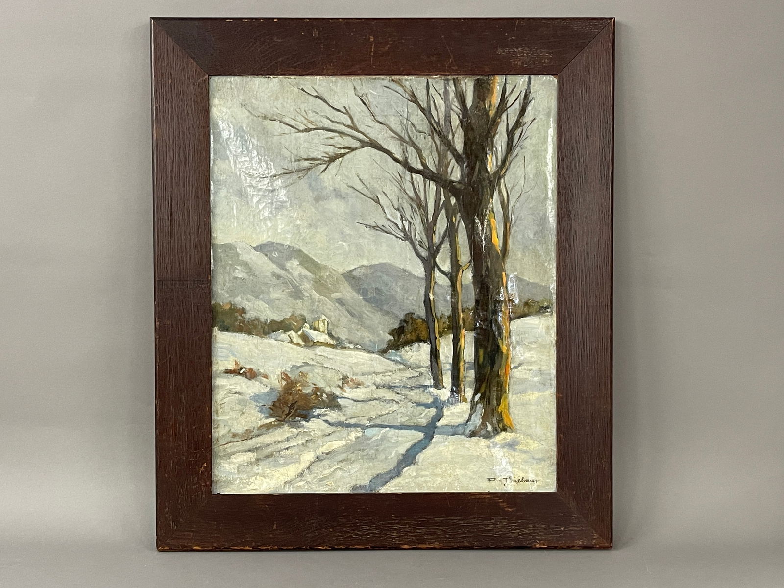 19TH C WINTER SCENE OIL PAINTING SIGNED LR D. THEIBEAU (1 of 4)