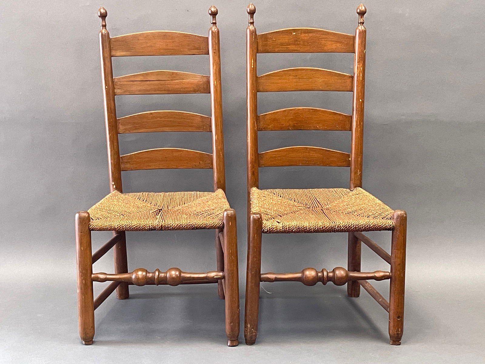 PAIR OF EARLY LADDER BACK CHAIRS C. 1740 , MA (1 of 4)