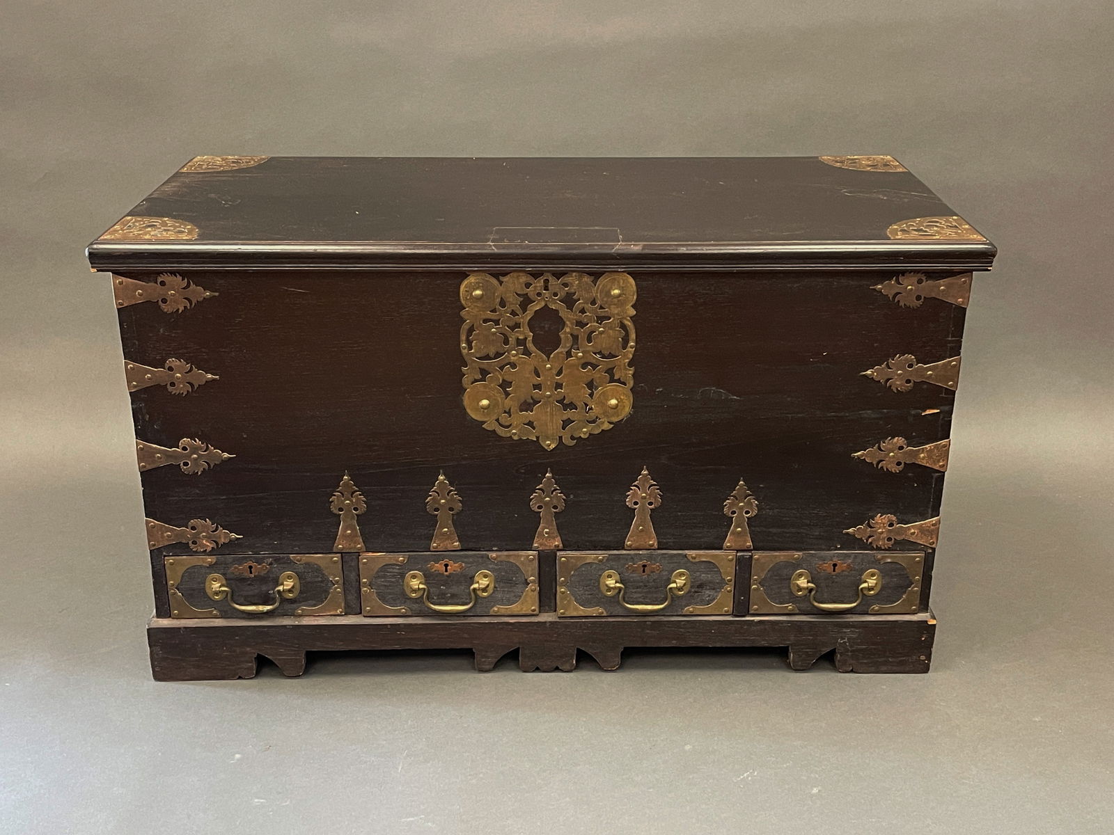 EARLY BRASS BOUND CHEST W/ FOUR DRAWERS LIFT LID (1 of 8)
