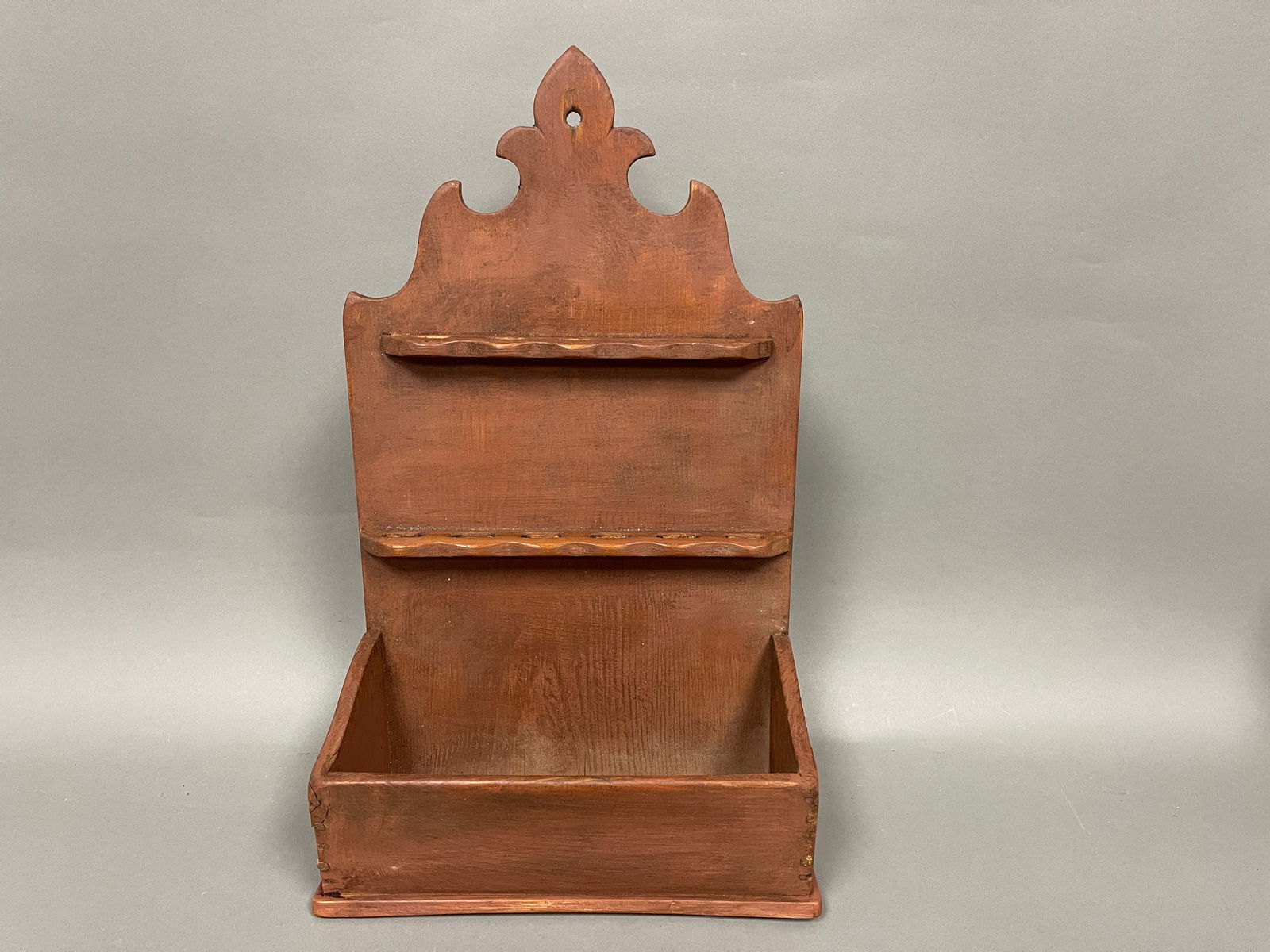 19TH C RED PAINTED WALL BOX WITH SPOON HOLDERS SQUARE NAILED (1 of 5)