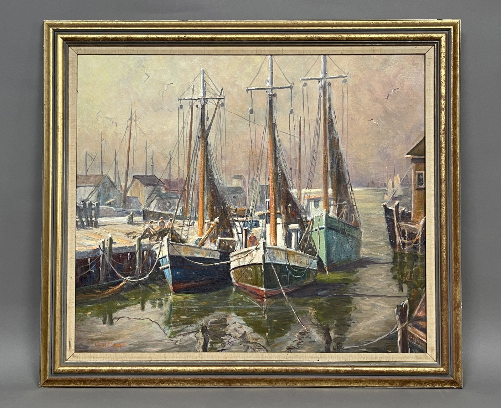 20TH C O/C FISHING BOATS IN THE HARBOR SIGNED LL P.H. COPPER.: 20TH C O/C FISHING BOATS IN THE HARBOR SIGNED LL P.H. COPPER. 24" X 28" , FRAME 29" X 33"