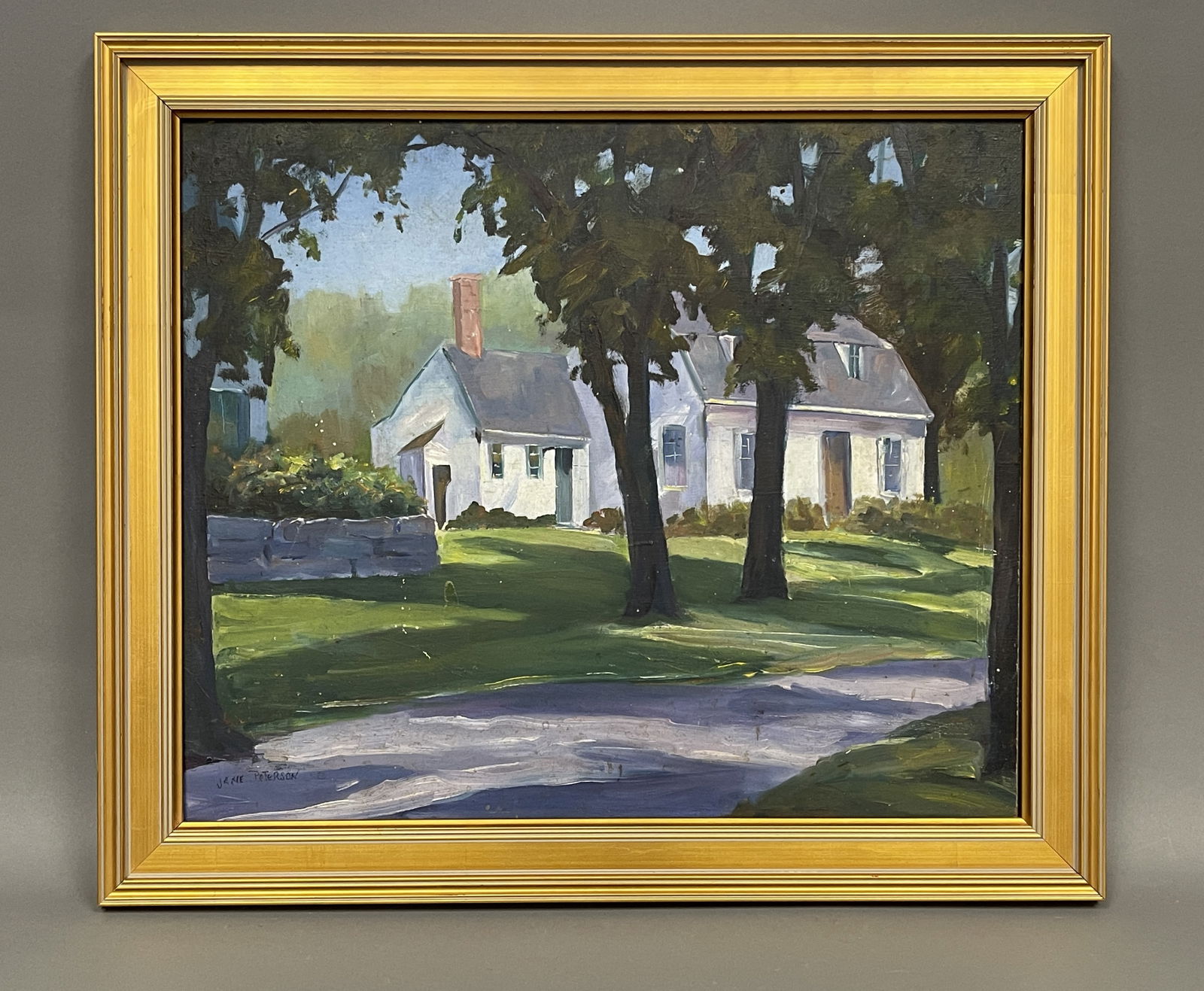 OIL ON BOARD PAINTING OF A HOMESTEAD BY JANE PETERSON: OIL ON BOARD PAINTING OF A HOMESTEAD BY JANE PETERSON 1876