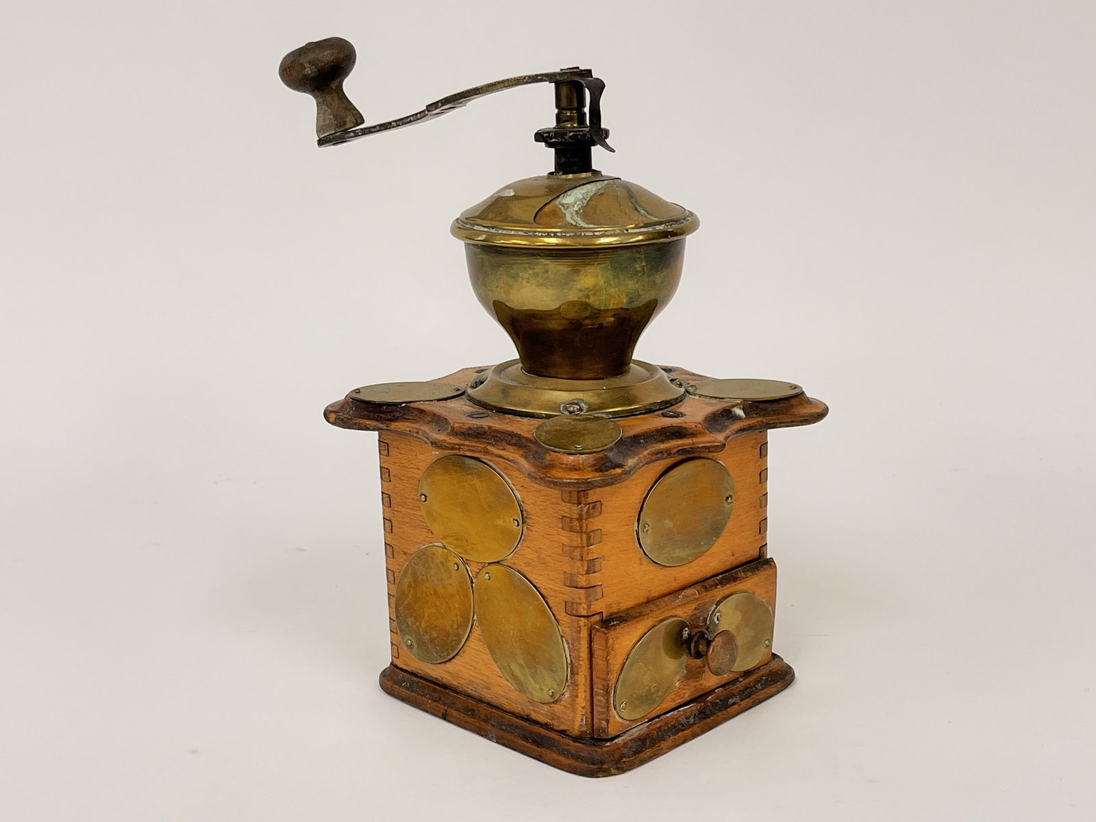BRASS INLAID & MOUNTED COFFEE GRINDER: BRASS INLAID & MOUNTED COFFEE GRINDER 5.5" X 5.5" X 10"