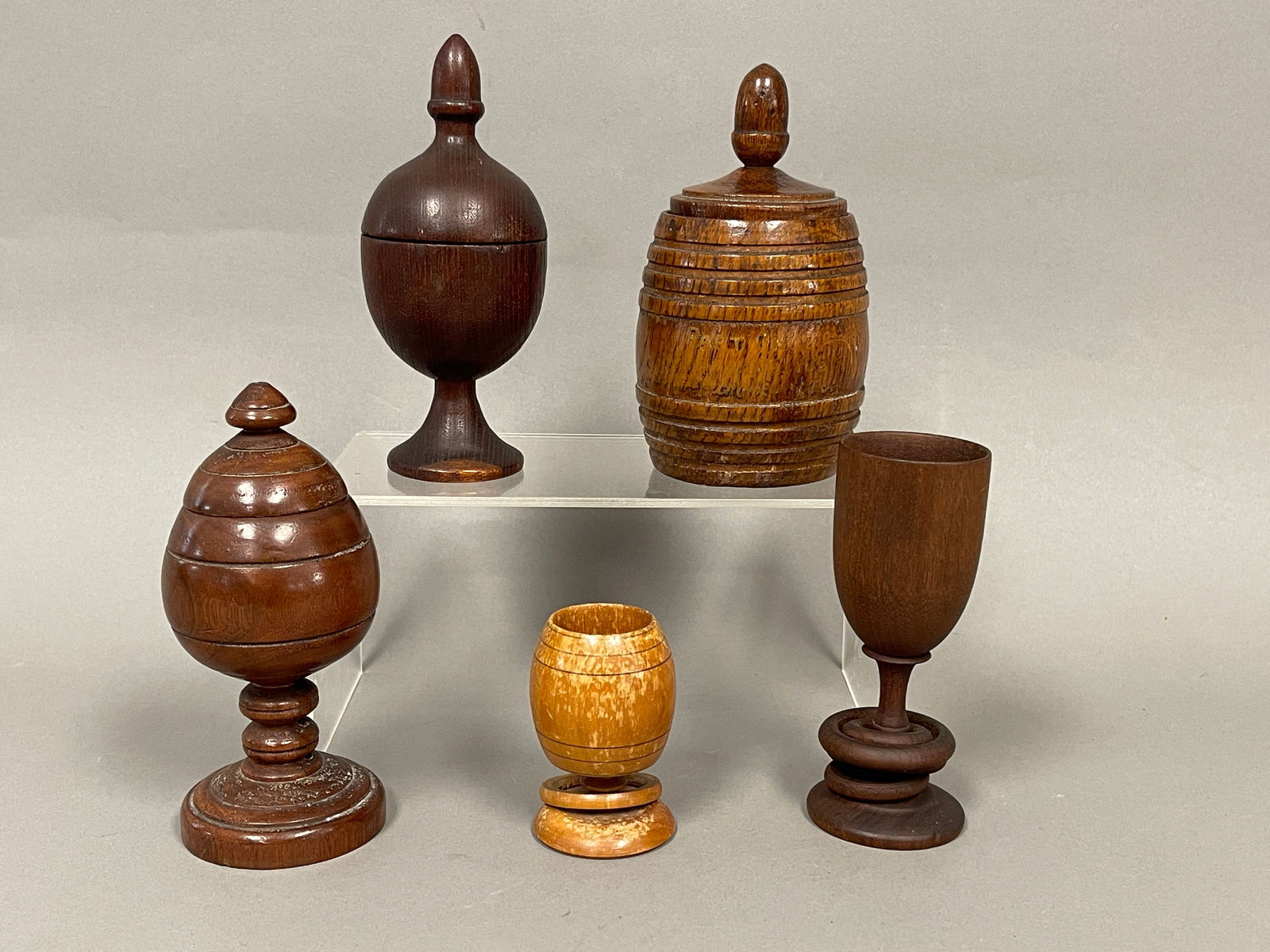 1904 HAND TURNED MINIATURE APPLE WOOD PUZZLE CHALICE ; WALNUT PUZZLE CHALICE ; 3 COVERED CANISTERS (1 of 4)