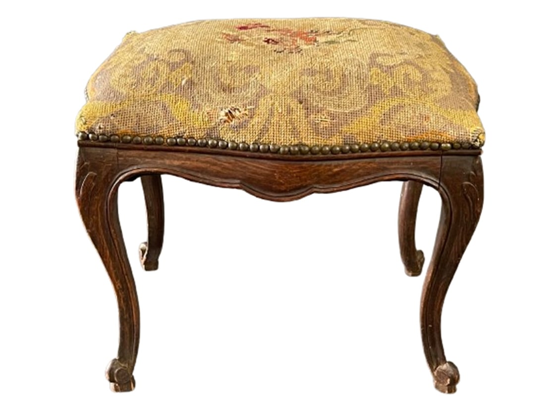 19TH C FRENCH FOOTSTOOL HAVING CARVED WALNUT SERPENTINE SIDE & LEGS , NEEDLEPOINT COVER (1 of 5)