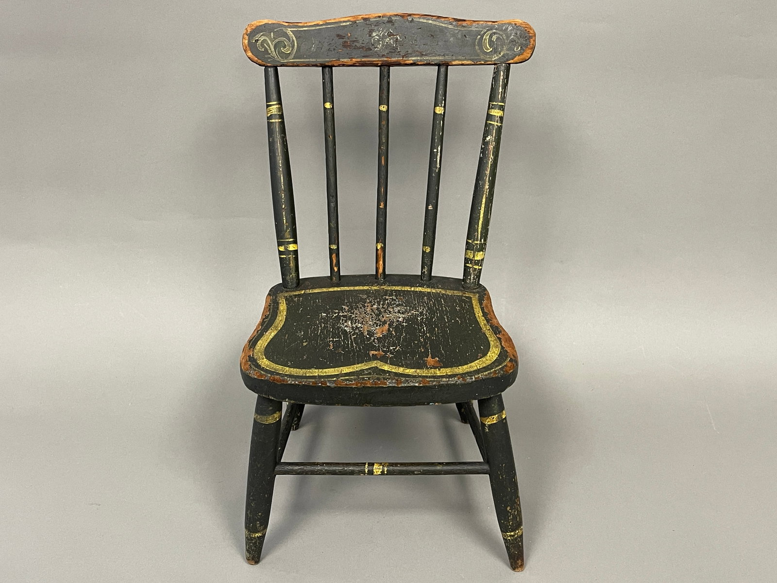 PAINTED DECORATED DOLL CHAIR: PAINTED DECORATED DOLL CHAIR 17t" X 8s"
