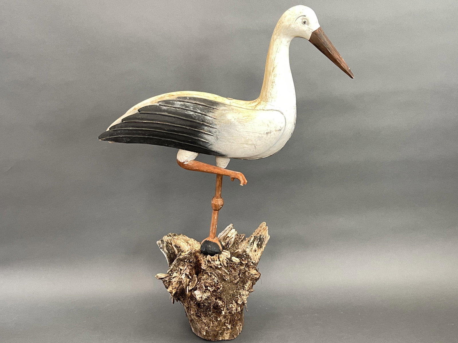 TALL FOLK ART CRANE ON A STUMP: TALL FOLK ART CRANE ON A STUMP 44" X 35"