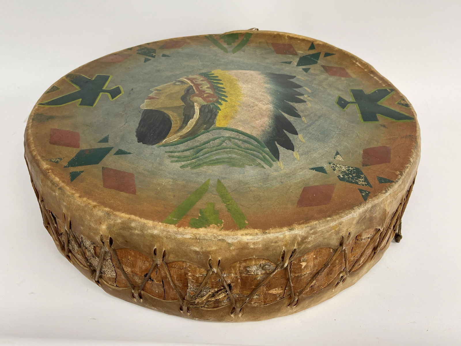 NATIVE AMERICAN HAND MADE DRUM W/ FOLKY DECORATION (1 of 4)