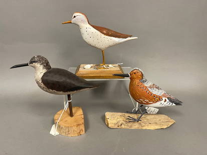 THREE CARVED SHOREBIRDS SIGNED: THREE CARVED SHOREBIRDS SIGNED RED NOR, H. LOCKMAN, CAPE COD, SEPT. 1990, F. SCHMELKE, CAPE COD 2008, SPOTTED SANDPIPER, MICHAEL MCCARTHY 7-98, 6', 7" T