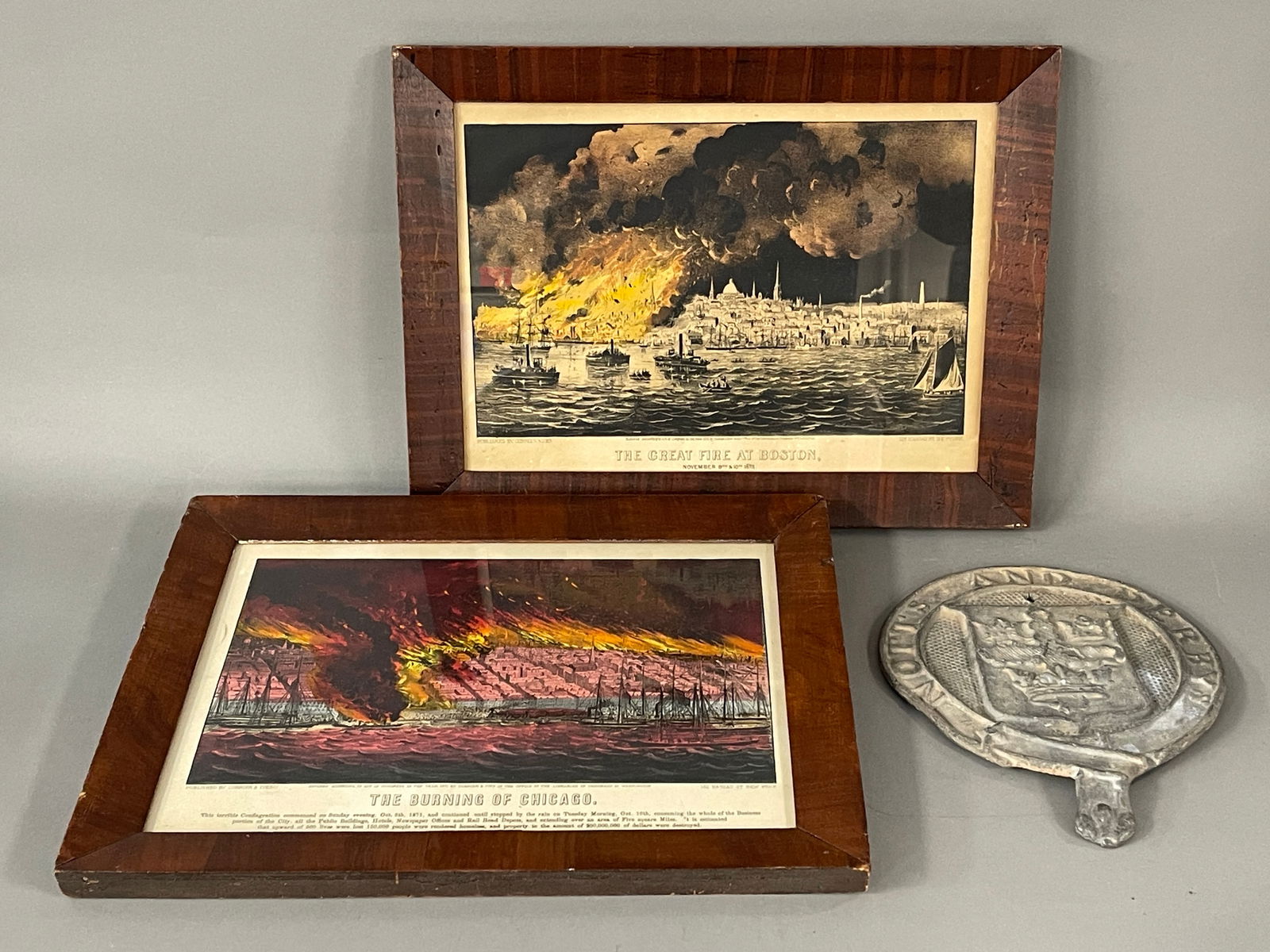 2 CURRIER AND IVES: GREAT FIRES OF BOSTON IN PAINTED FRAME 1872 AND BURNING OF CHICAGO 1871 + LEAD (1 of 6)