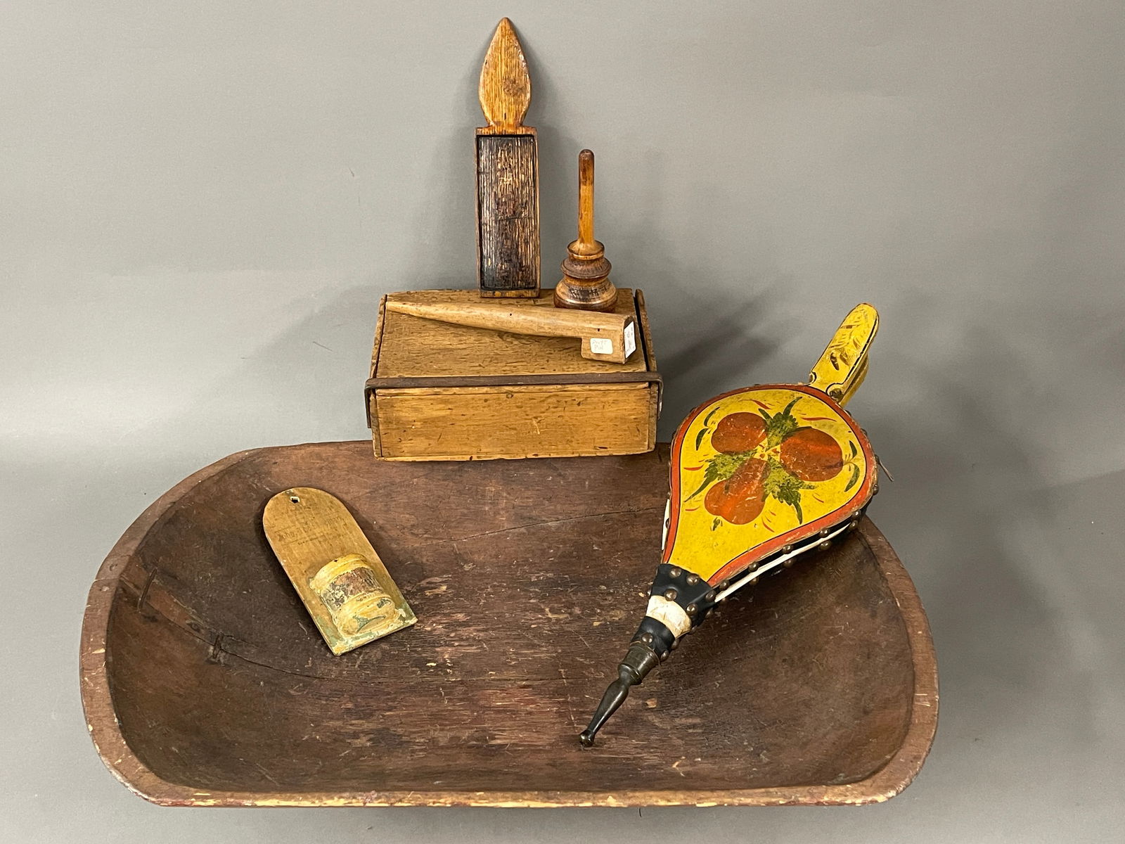 COUNTRY WOODENWARE LOT: 23" TRENCHER WITH REPAIR,DECORATED BELLOWS,MATCHHOULDER,VARIOUS TOOLS AND (1 of 5)