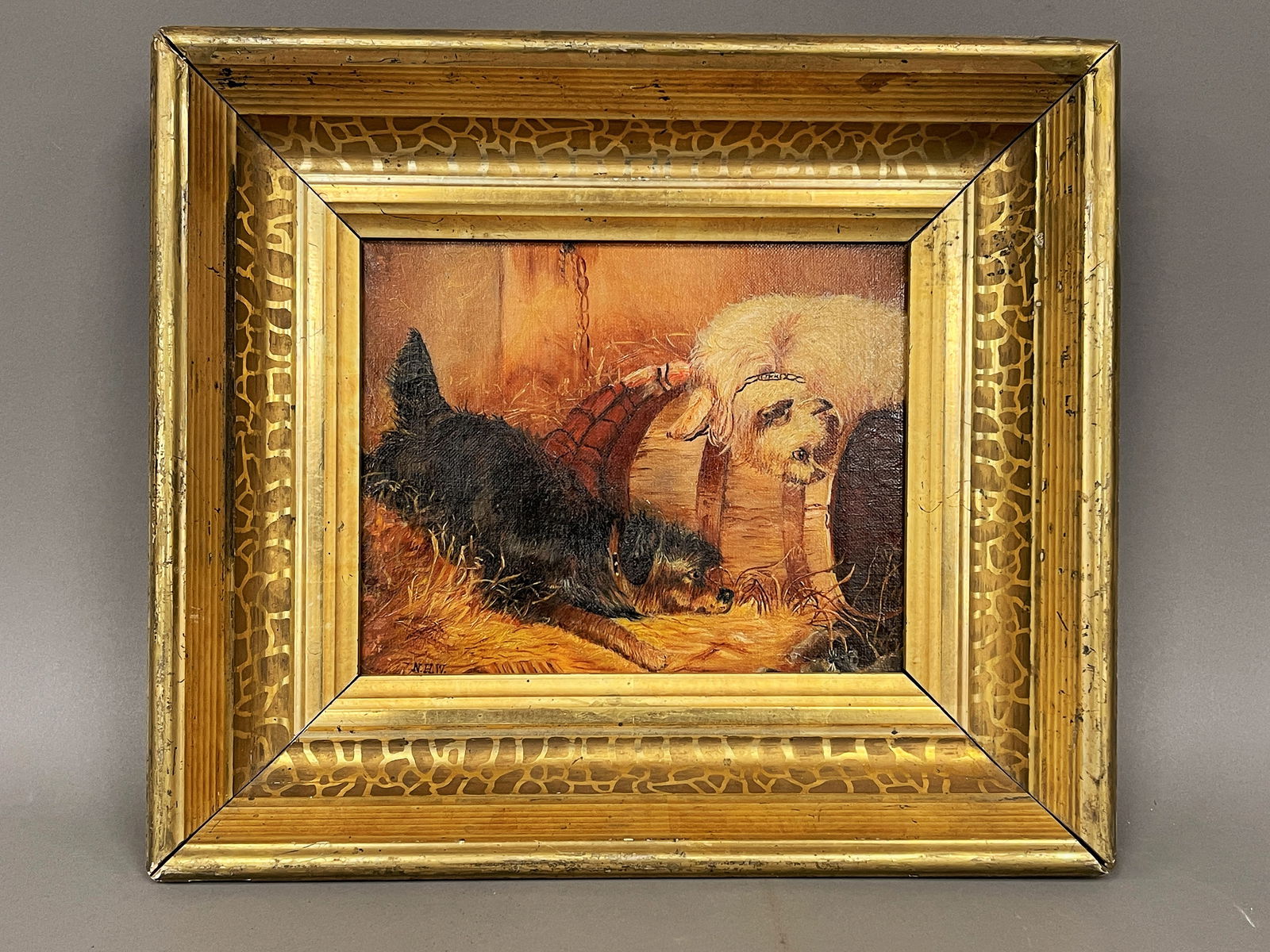 19TH C FOLK ART PAINTING OF TWO DOGS (1 of 3)