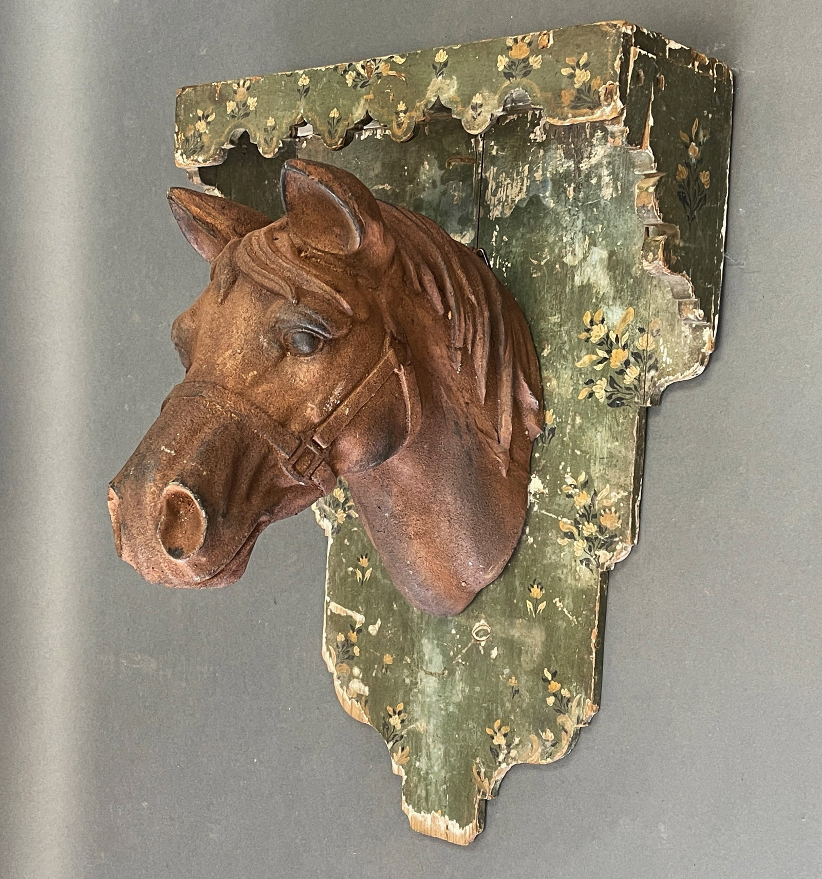 HORSE HEAD DECORATED SHELF: HORSEHEAD SHELF W/ ORIGINAL DECORATED GREEN BACK & TOP SHELF 18 X 25