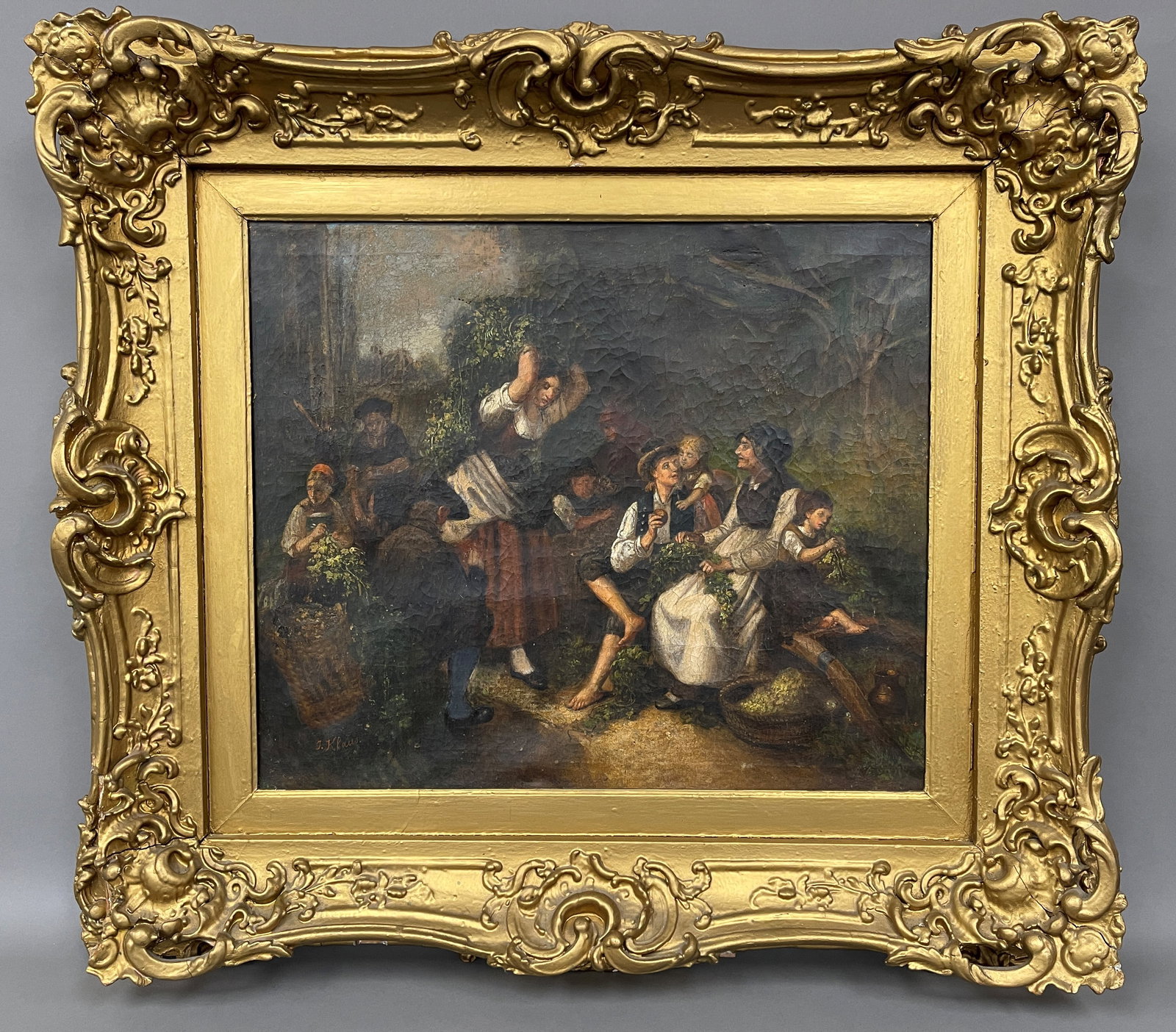 JOSEF KLAUS. (Austrian 1812–1877) OIL ON CANVAS: JOSEF KLAUS. (AUSTRIAN 1812–1877) OIL ON CANVAS. GATHERING GARLINDS. SIGNED LOWER LEFT “J. KLAUS” IDENTIFIED AS JOSEF KLAUS BY SIGNATURE COMPARISON. FRAMED IN ORNATE ANTIQUE WOOD AND PLASTER